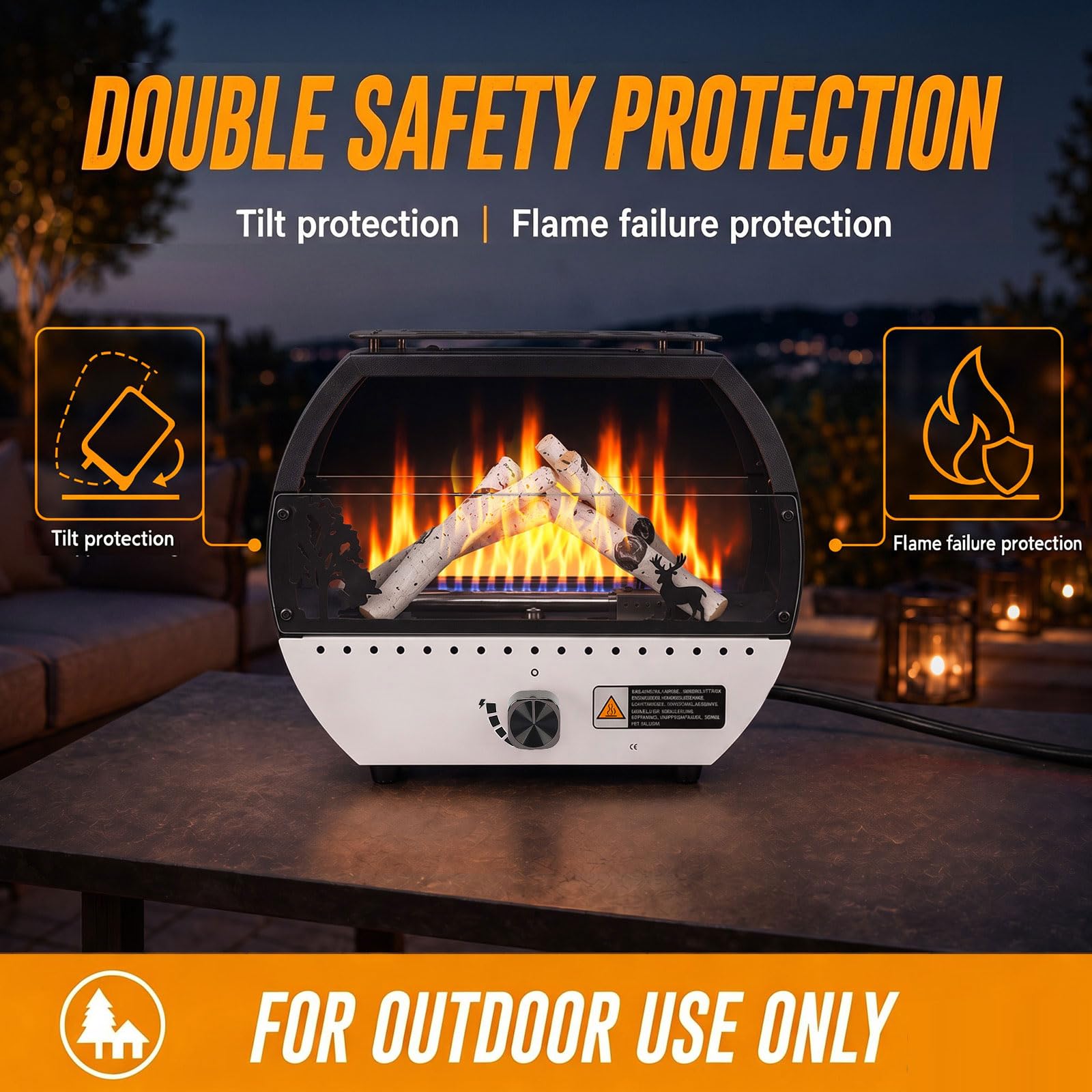 GFTIME Tragbare Gasheizung 10000 BTU, Outdoor Camping Heizer mit dekorativem Flammeneffekt, Gas Feuerstelle mit Grillplatte, Kippschutz & Flammenschutz, für 1 lb und 20 lb Gasflaschen, Schwarz