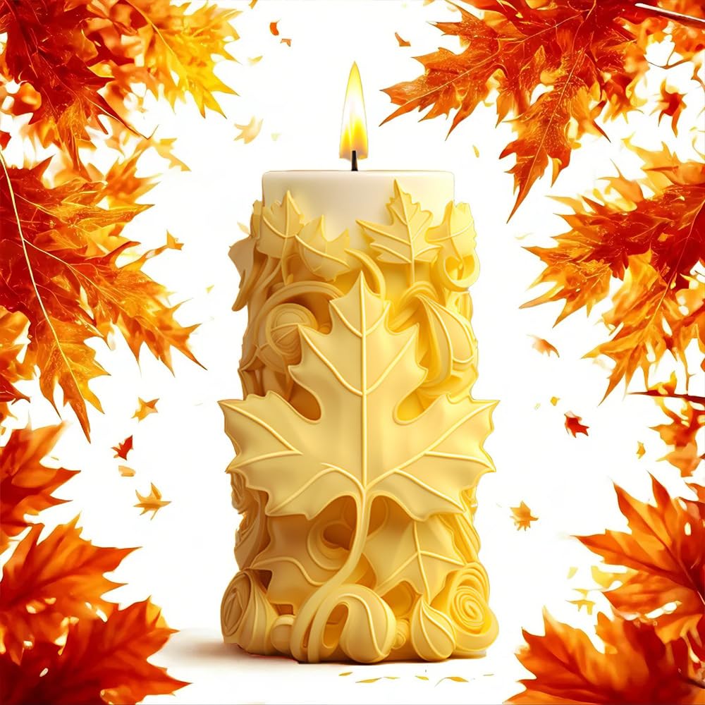 3D Leaf Carved Pillar Silicone Candle Mold, Durable Mould for Aromatherapy Candle Making, Pillar Candles, and Soap Crafting