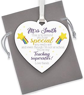 Lockdown Star Teacher Gifts - PERSONALISED Rainbow Teacher Gifts - Lockdown Thank You Gifts for Teaching Assistant, TA, Key Worker - Lockdown Teacher Appreciation Heart Plaque Gifts - With Grey Bag