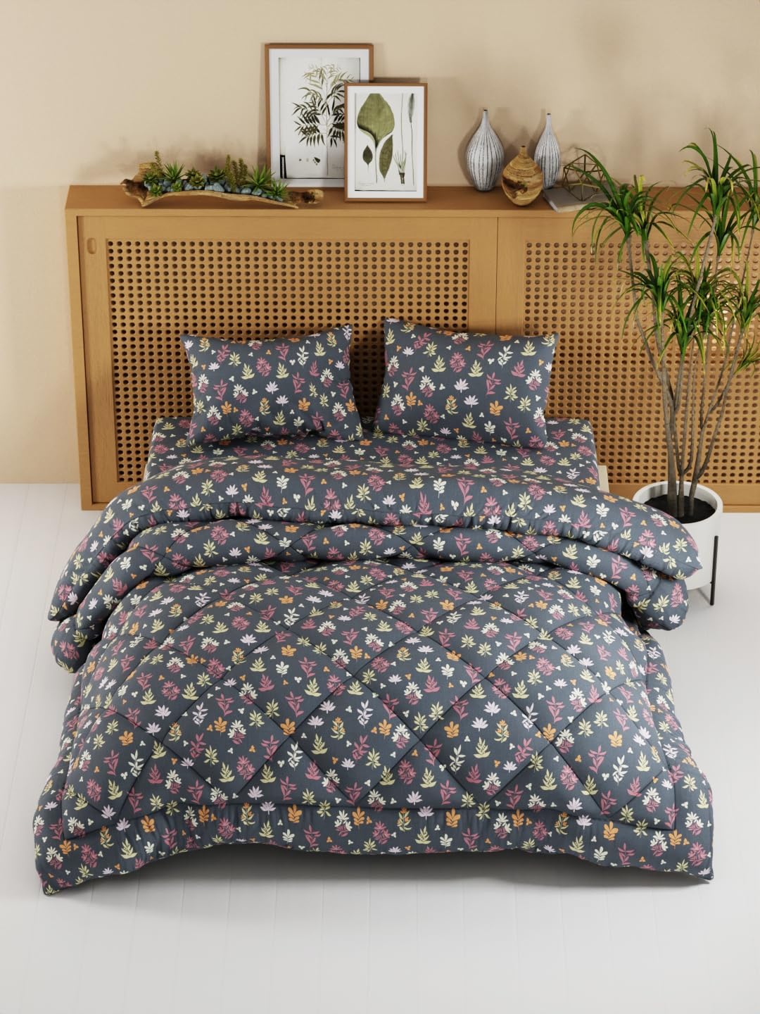 KOPA [4pc] Extra Smooth Micro Double Comforter with 1 Double Bedsheet and 2 Pillow Covers for All Weather -(California) | 150 TC | Zero-Color Fading Floral-Grey-image-15