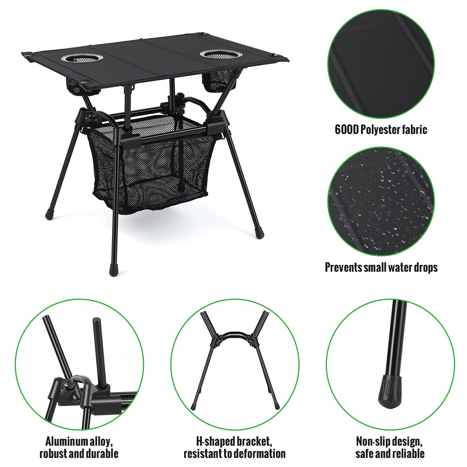 GARLLEN Mesa de camping plegable, mesa de playa compacta ultraligera con mesa de tela, mesa de viaje portátil de aluminio con portavasos y red de almacenamiento para arena, camping, al aire libre