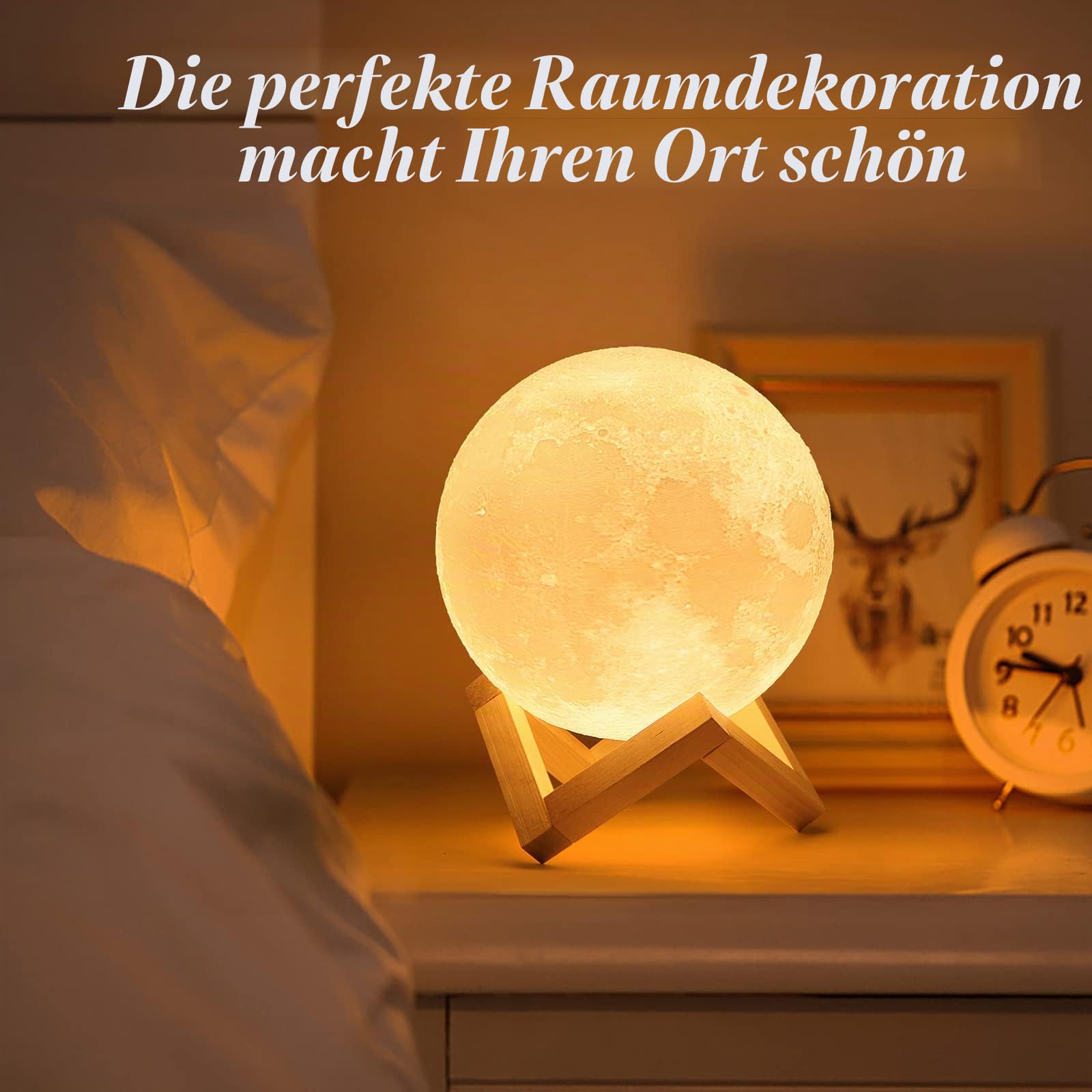 Mydethun 2025 Geschenke für Weihnachten Aktualisieren 16 Farben Mondlampe mit Holzsockel, 18cm LED 3D Mondlicht, Fernbedienung, Nachtlicht, Lampe für Kinder,Mädchen,Schlafzimmer,Heimdekoration