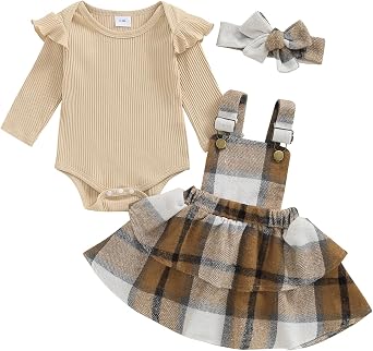 Newborn Baby Girl Clothes Ruffled Long Sleeve Ribbed Romper Suspender Skirt Plaid Tiered Dress Fall Winter Outfit