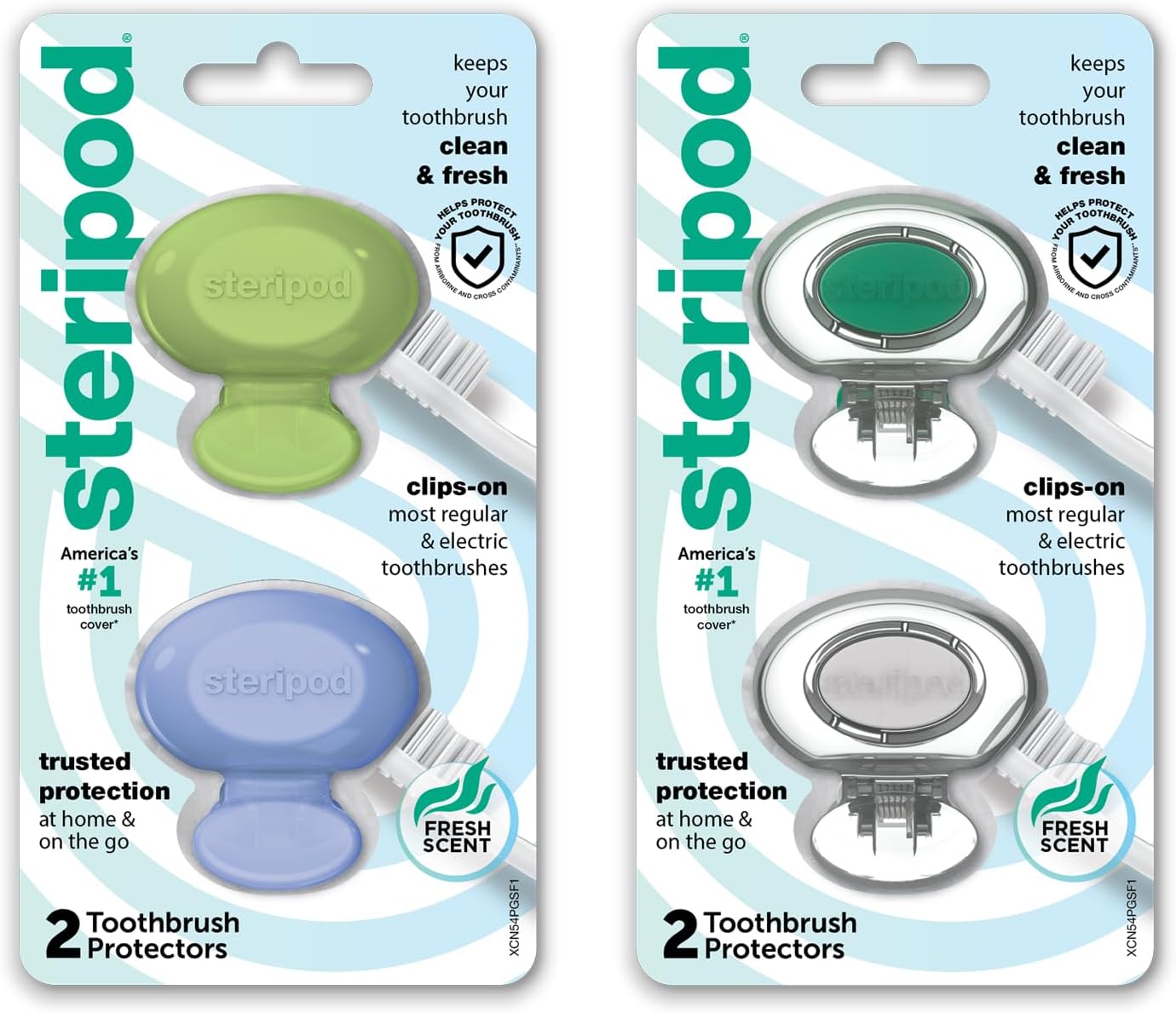 Steripod Clip-On Toothbrush Protector, Keeps Toothbrush Fresh and Clean, Fits Most Manual and Electric Toothbrushes, Blue, Green, Red, Orange, 4 Count