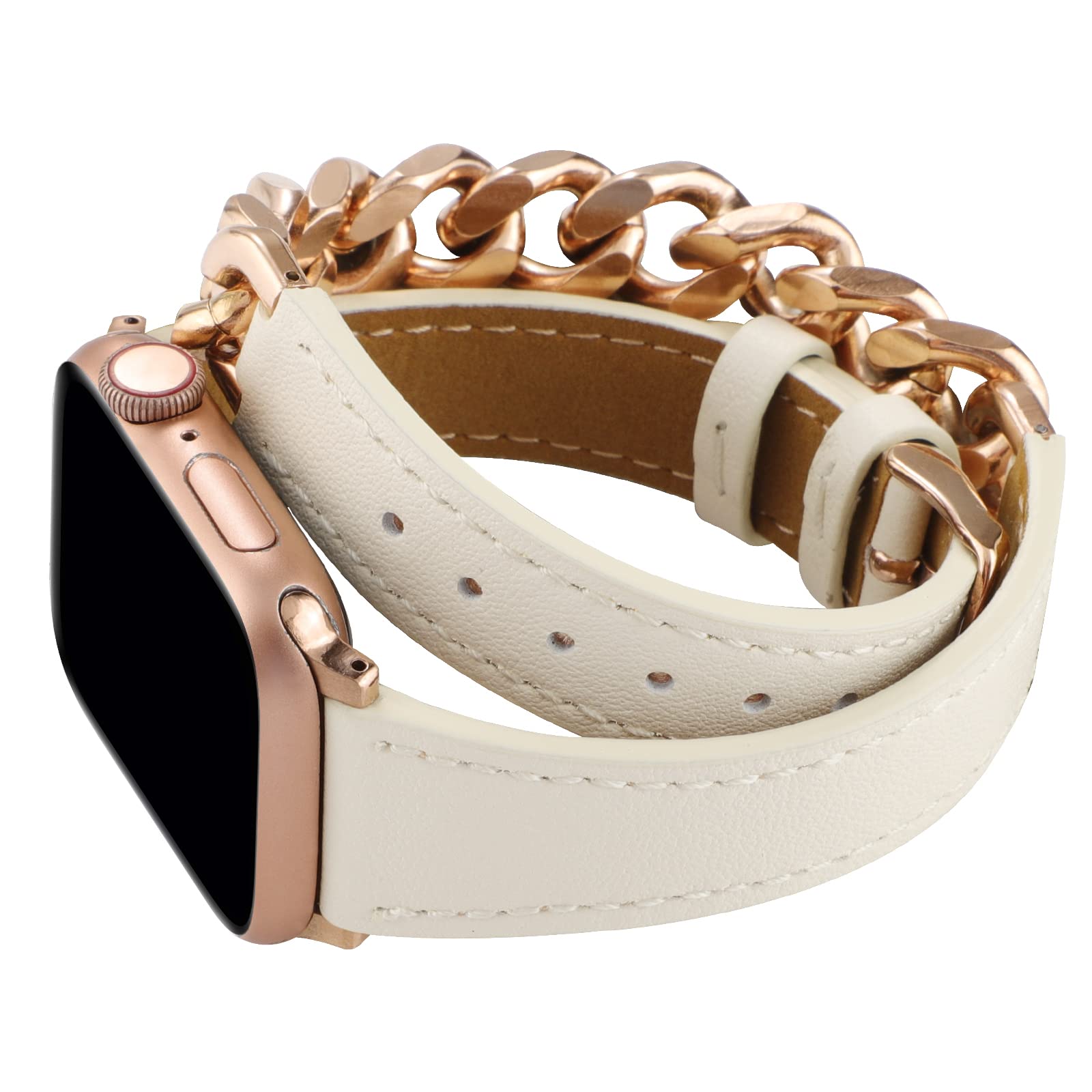 YONWORTHLink Leather Bands Compatible with Apple Watch Band 41mm 40mm 38mm, Fancy Chain Stainless Steel Metal Cowboy Chain Bracelet Watchband Strap for iWatch SE Series 9 8 Series 7 6 5 4 3 2 1