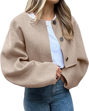 Women Cropped Wool Blend Pea Coat Short Jacket Lightweight Peacoat Long Sleeve Button Down Crop Jackets Fashion Fall