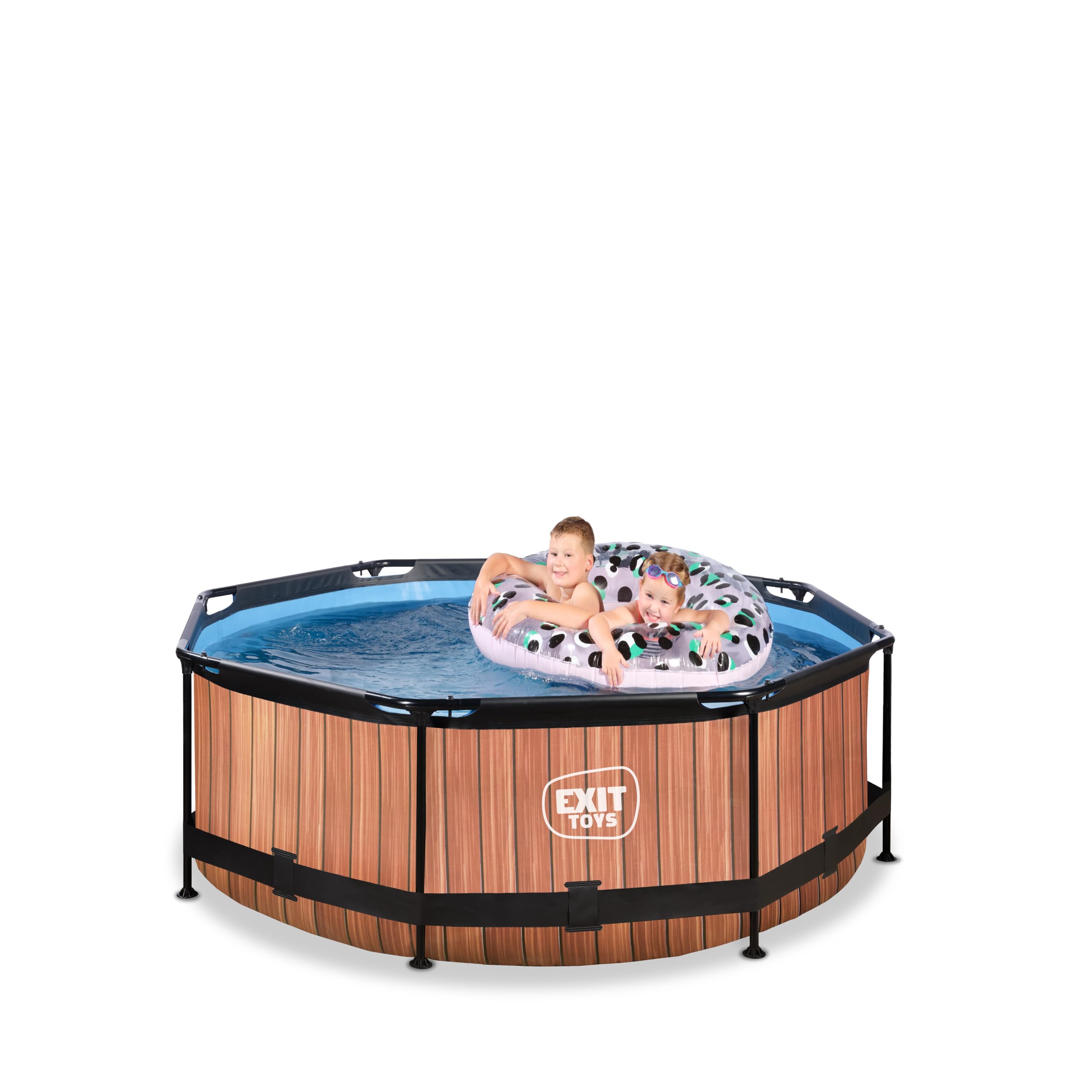 EXIT Toys Aufstellpool Rund 244x76 cm mit Filterpumpe – Gartenpool für Kinder Geeignet – Stahlrahmen – TÜV, CE, EN 16582 – Wood – Braun