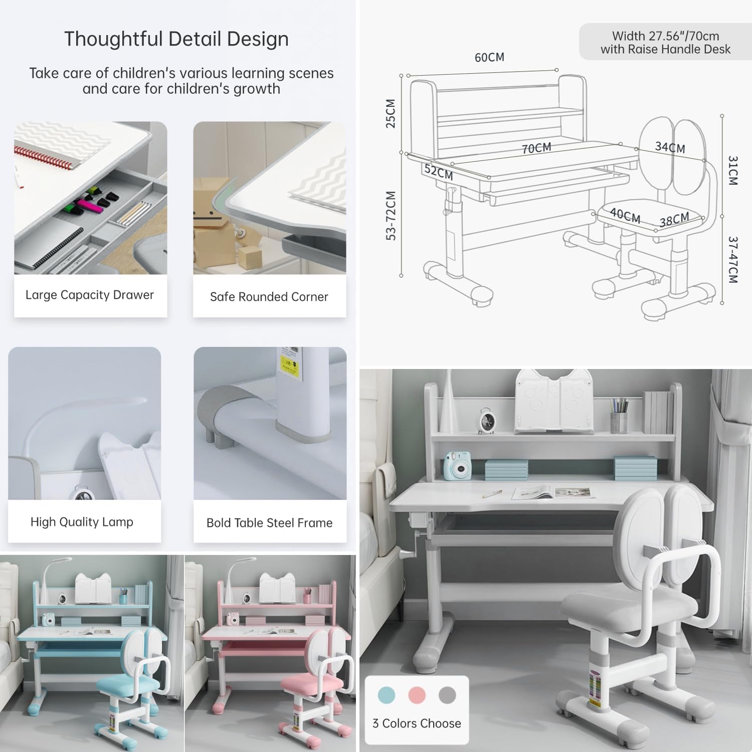 Desk and Chair Set, Height Adjustable Functional Ergonomic School Study Table with Tilt Desktop, Workstation Writing Desk with Storage Drawers, LED Light, Bookstand, Metal Hook (Gray)