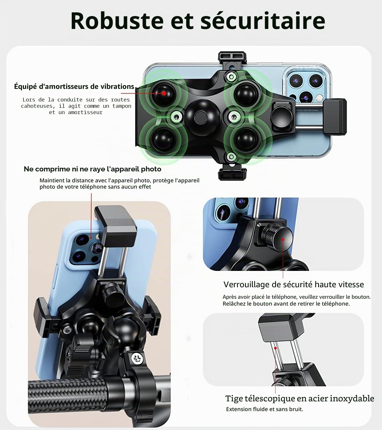 Kewig Support de téléphone pour moto avec amortisseur de vibrations et verrouillage sécurisé à haute vitesse, support antivol pour guidon de moto, vélo, VTT, UTV, scooter pour téléphone de 4.7-7.2"