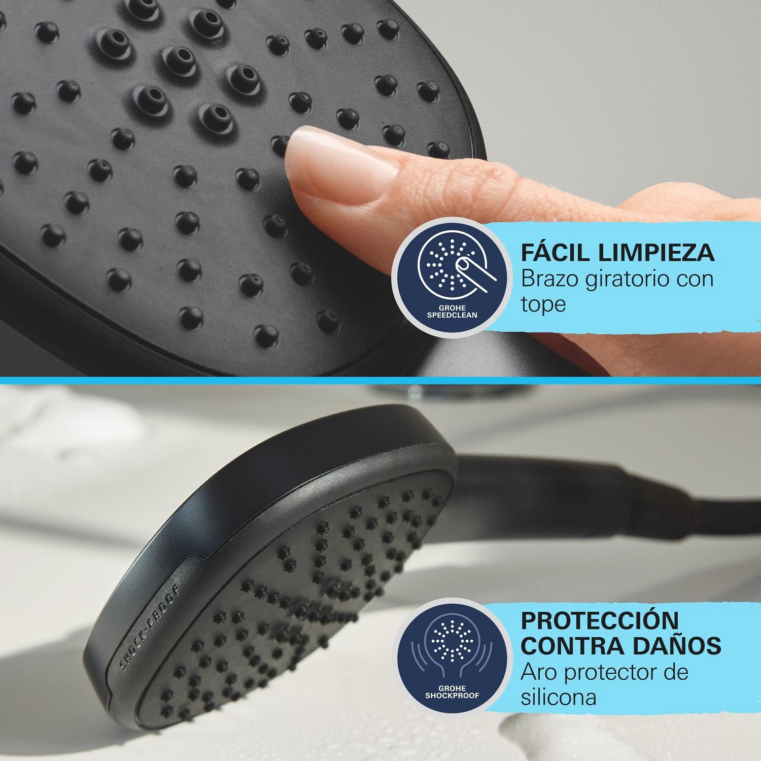 GROHE Vitalio Comfort 250 Flex - Sistema de ducha con desviador (Rociador cuadrado 25cm 2 chorros, Teleducha 11cm 2 chorros, barra 74 cm), Negro mate, 266982431