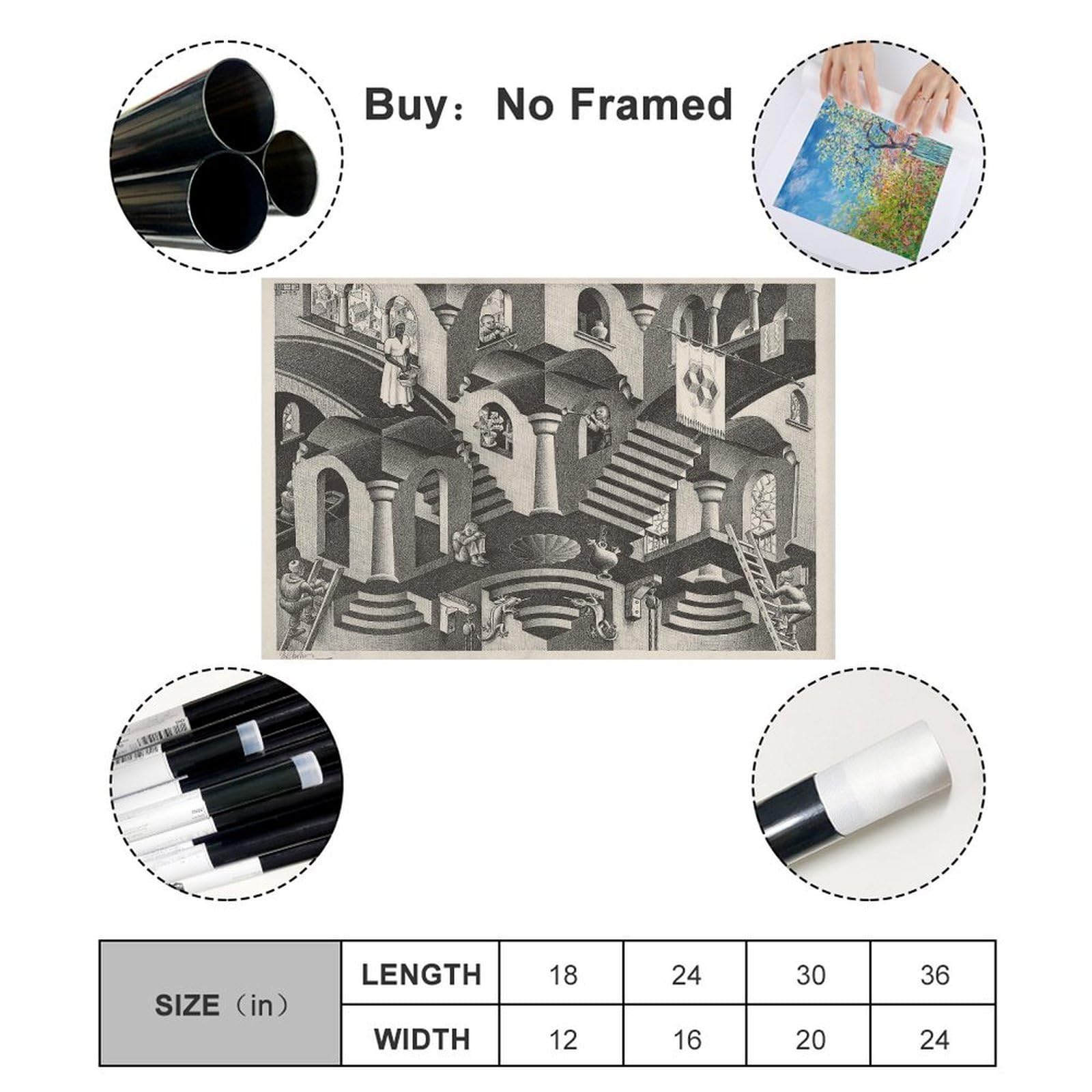 WCYB Poster convesso e concavo di Maurits Cornelis Escher stampe su tela Deco Dipinti Wall Art Unframe 61 cm L x 91,4 cm W