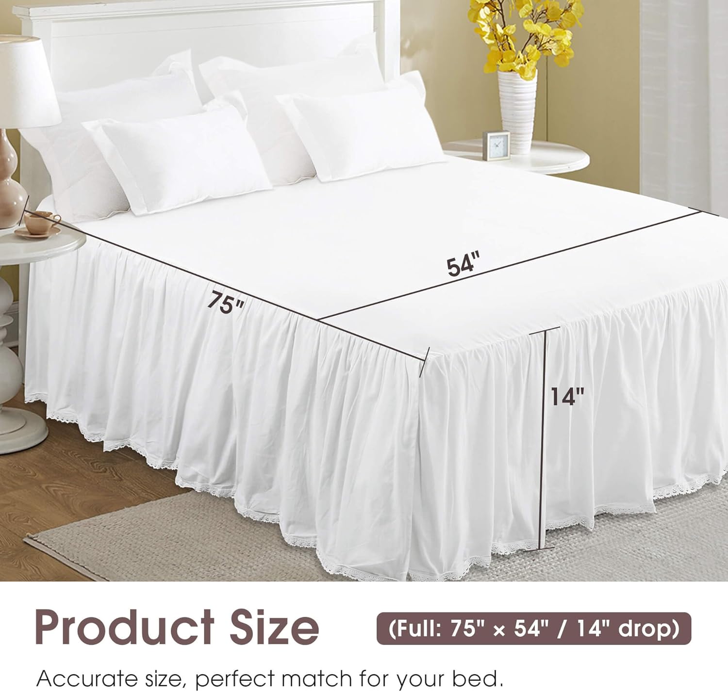 Full Size 14 inch Drop White Dust Ruffle, 100% Lightweight Cotton Ruffled Bed Skirt, French Coutry Style, Lace Ruffled Bed Skirt with Split Corners, Machine Washable