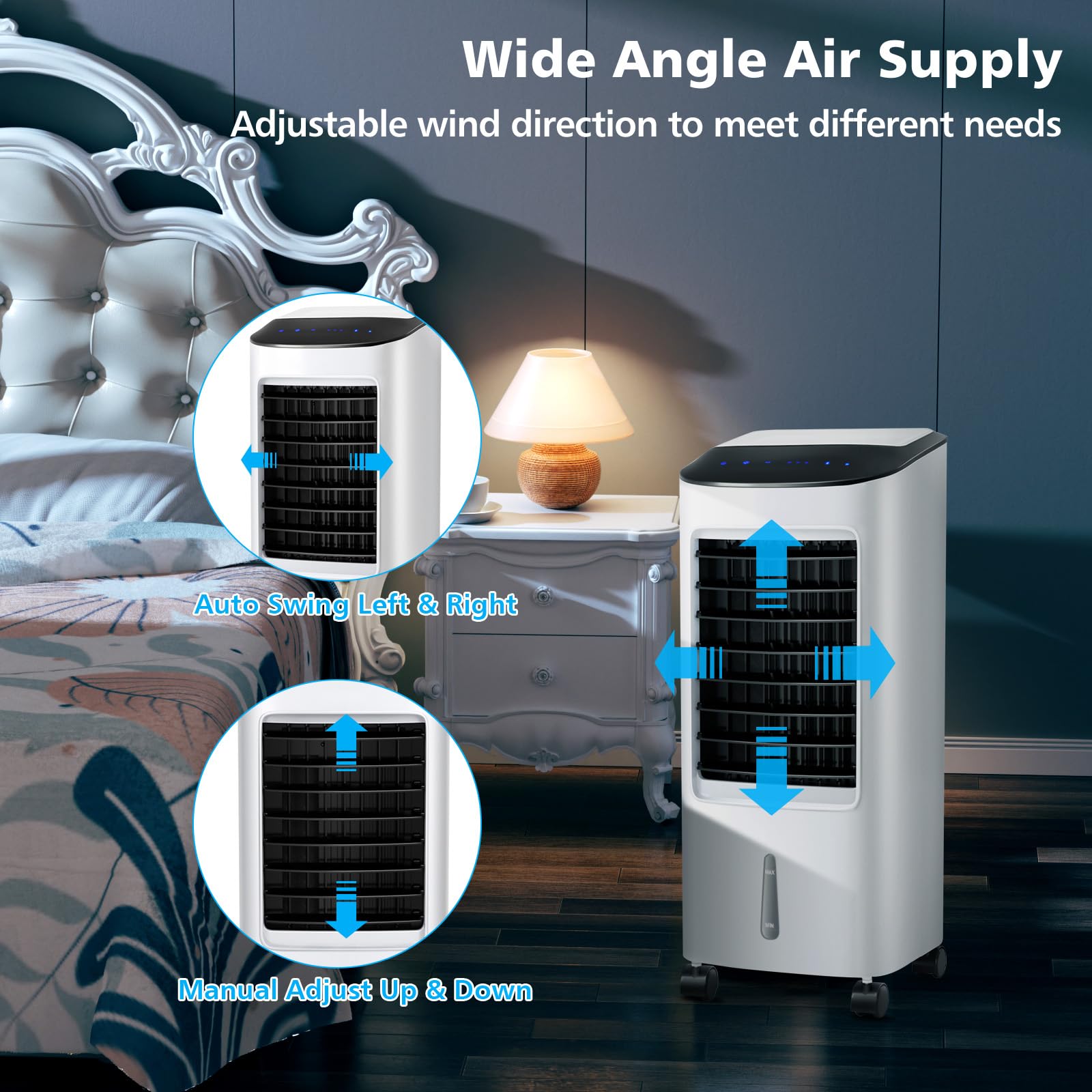 SOARS Ventilateur Rafraichisseur d'Air 65W, 3 en 1 Refroidisseur d'Air, Ventilateur, Humidificateur, 3 Vitesses, Minuterie 7,5H, Réservoir d'Eau 7L, Télécommande, pour Chambre, Salon, Bureau