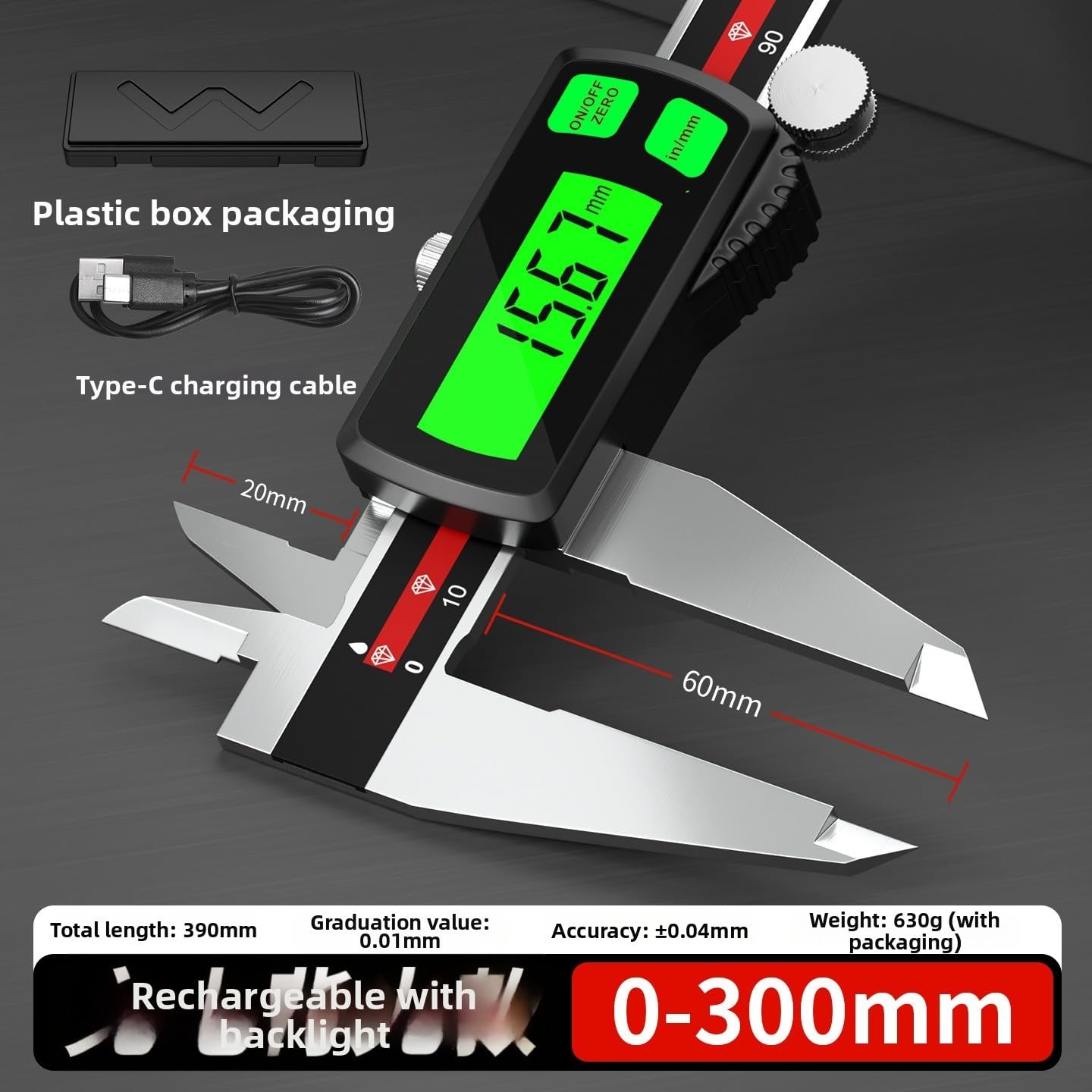 Calibrador digital de acero inoxidable recargable grande verde pantalla ±0.03mm precisión para taller de ingeniería 150mm (0-200mm)