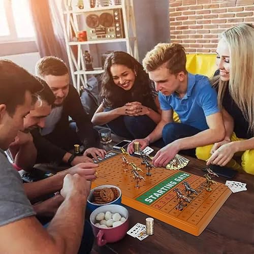 Miniatura 6 de Grhonior El juego de mesa de carreras de caballos está equipado con 11 caballos metálicos de lujo, tablero de ajedrez de pino grueso, incluye 2