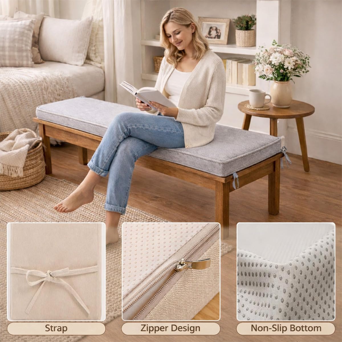 Generico Cuscino per Panca da Esterno e Interno, Imbottitura Alta Densità, Antiscivolo con Cinghie, Cuscino Panca Comfort per Giardino, Terrazza, Balcone e Casa,Dark Gray,150X40X5cm