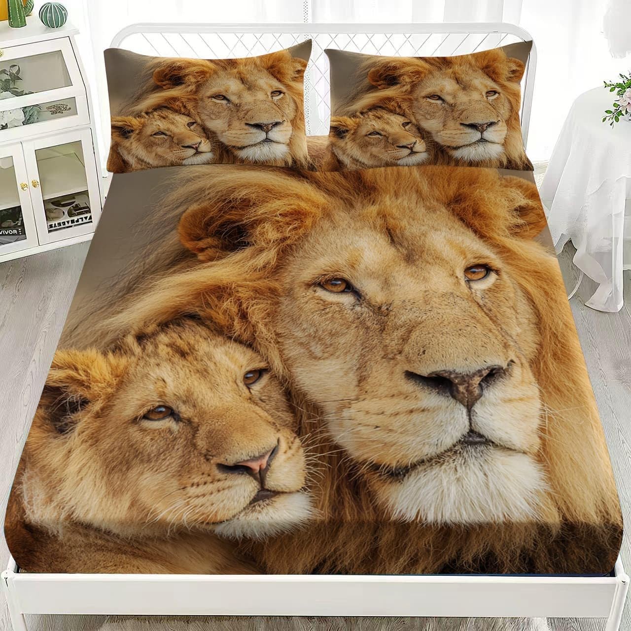 Drap Housse 200x200 cm Grand Bonnet 30 cm - Lion D'Afrique PèRe Et Fils Linge de Lit 2 Personnes Doux et Confortable en Microfibre - Lot de 3 Draps Housses Brun avec 2 Taie d'oreiller