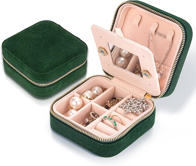 Smileshe Travel Jewellery Box with Mirror, Velvet Mini Case for Women Girls, Small Portable Gifts Organiser Boxes for Rings Earrings Necklaces Bracelets