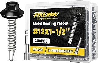 Metal Roofing Screws #12 x 1-1/2", 300 PCS, FIXLINK Baking Paint Hex Head Rubber Washer Sheet Metal Roof Screws Self Drilling Metal to Wood Siding Screws, Hex Socket Included, Black