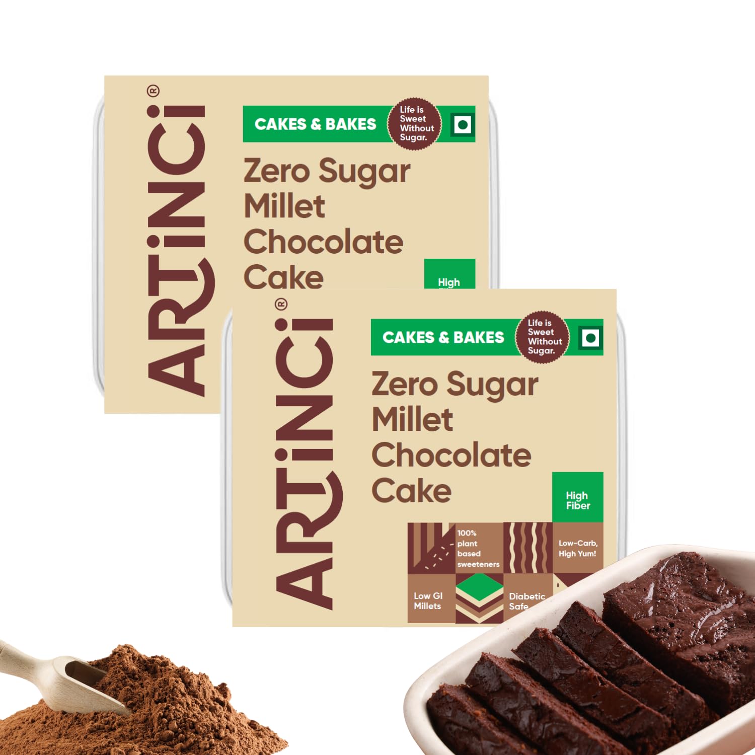 Artinci Eggless Sugar Free Chocolate Cake (150g X Pack of 2)- Diabetic Friendly & High Protein, Healthy Low-Calorie Cake with Millets, Healthy snack for Weightloss, As seen on Shark Tank India