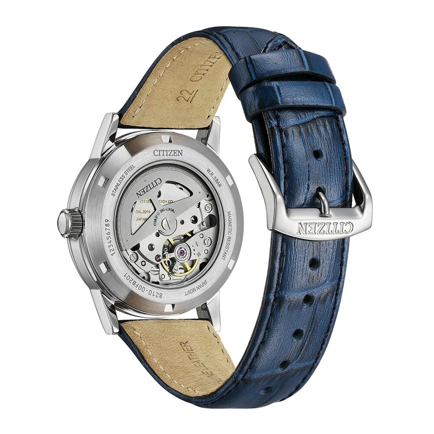 Citizen TSUYOSA Herrenuhr Edelstahl, Blau, 40 mm, NJ0210-13L | Mechanisch | Handaufzug Nötig | Kristallglas | 5 bar Wasserdicht | 40 Stunden Gangreserve | Lederband