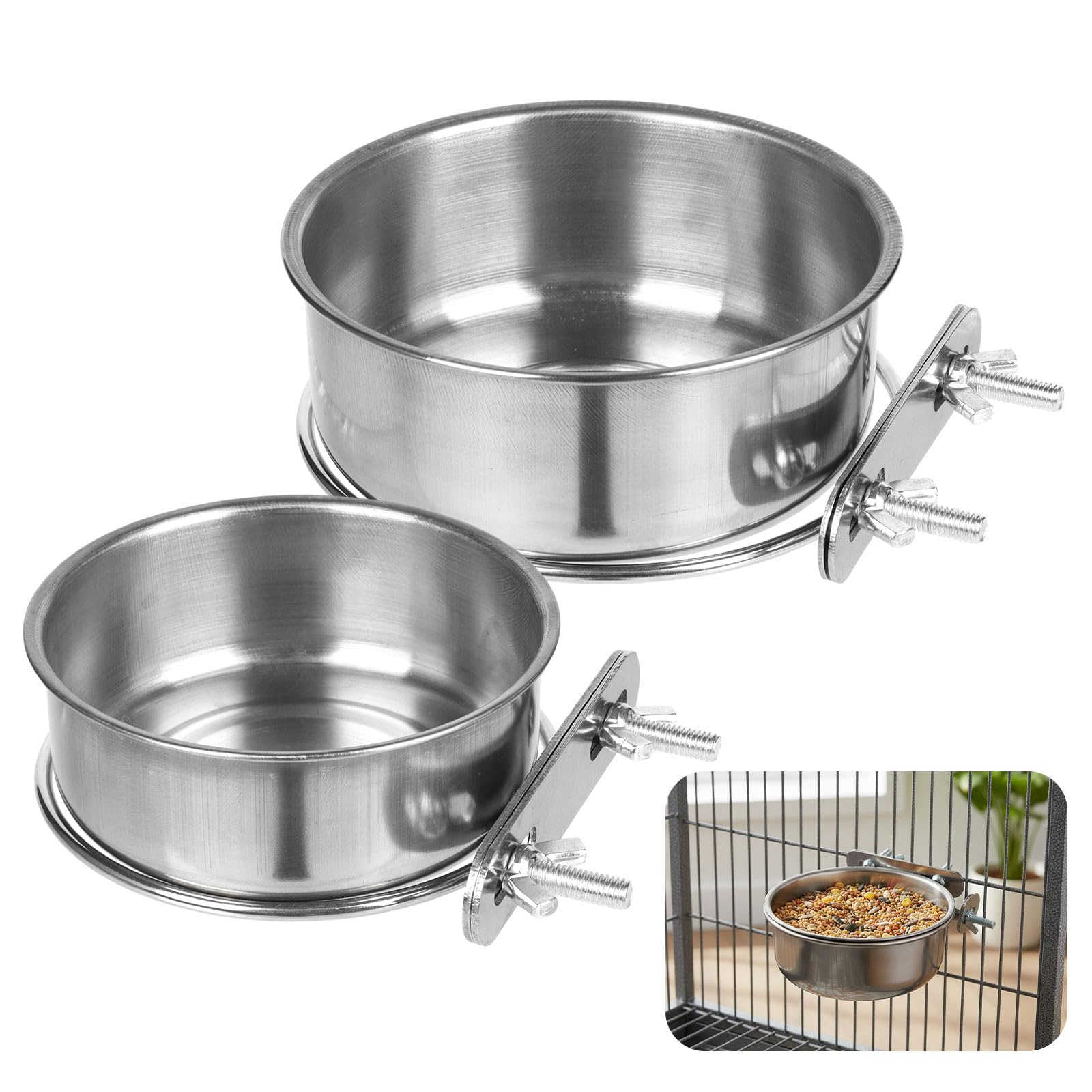 Pet Cage Bowls, 2 Pack Stainless Steel Pet Hanging Bowl, Bird Food Water Bowl for Cage, Crate Dog Bowl, Parrot Feeding Cups for Chinchilla Finches Puppy Cat Rabbit Guinea Pig