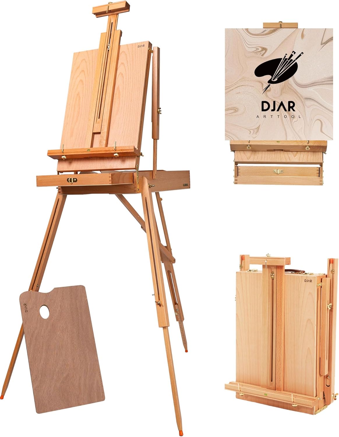 DJAR French Easel with Shoulder Strap, Adjustable Beech Wood Art Easel with Drawer, Palette, Level Instrument & Scale Leg, Studio Tabletop Floor Easel for Artists, Hold Canvas up to 34", Natural