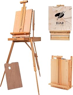 DJAR French Easel with Shoulder Strap, Adjustable Beech Wood Art Easel with Drawer, Palette, Level Instrument & Scale Leg, Studio Tabletop Floor Easel for Artists, Hold Canvas up to 34", Natural
