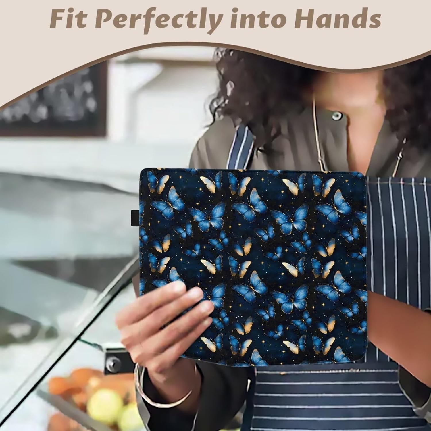 Blue Butterfly Server Book for Waitress, PU Leather Waiter Serving Book with Pen Holder Organizer Book with Zipper Pocket for Waitress Fit Server Apron Guest Check Presenters