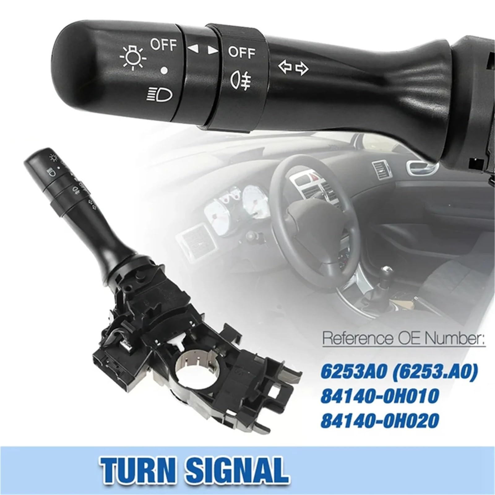 Interrupteur de Comodo Phares Régulateur de vitesse, colonne direction, interrupteur phare, tige voyant, compatible avec Citroën C1, Peugeot 107, Aygo 6253A0 Commutateur de clignotant