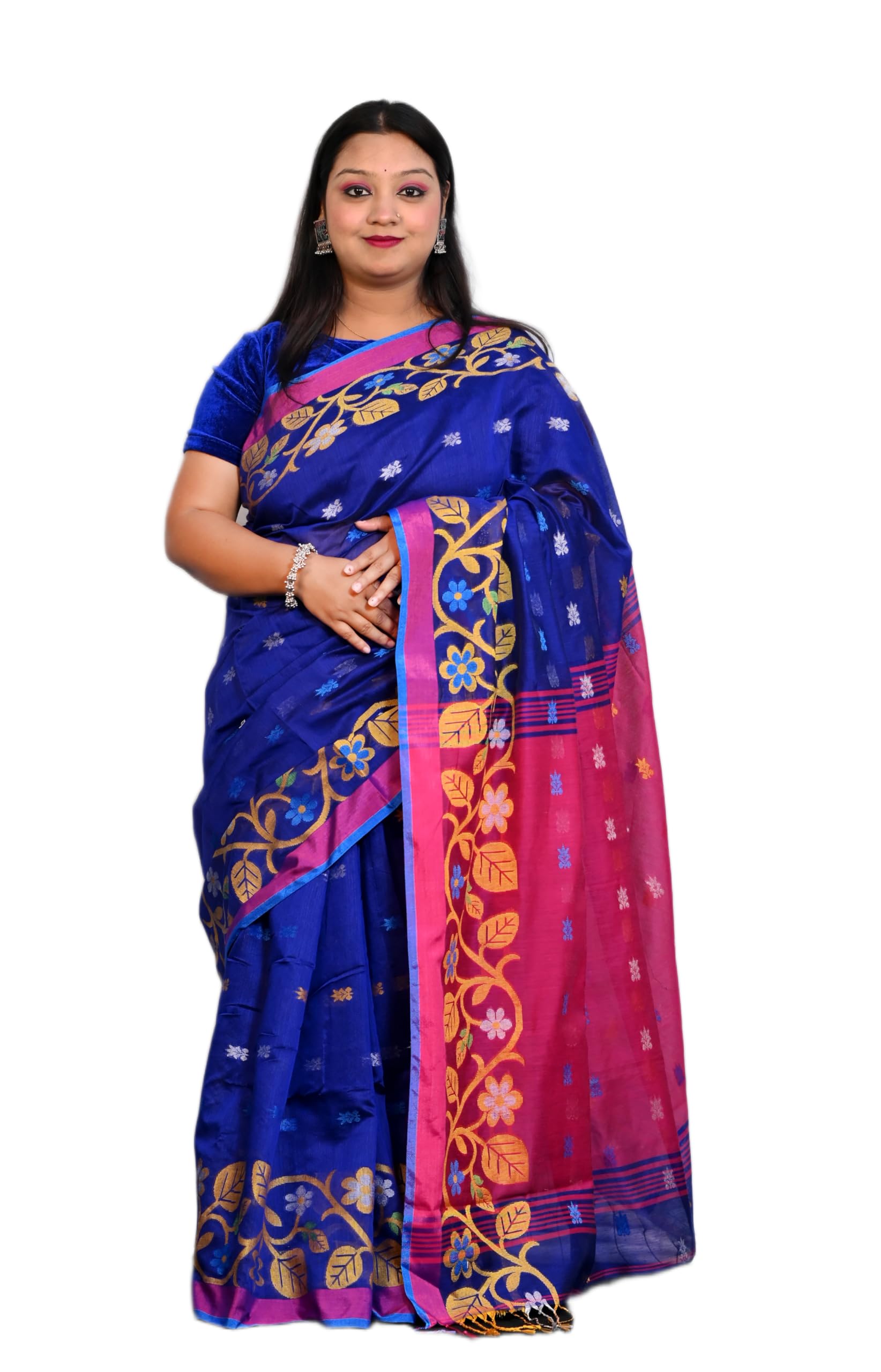 Dark Blue & Magenta Pure Cotton Saree - Embellished Handloom Saree | Elegant Appeal-image-35