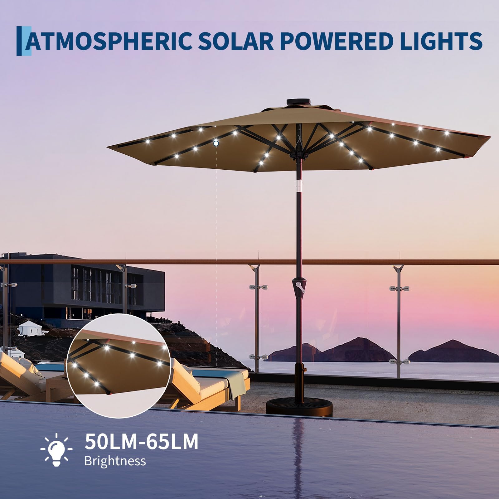 Solar-Sonnenschirm 305 cm, 32 LED-Leuchten solarbetrieben, UV-Schutz 50+, wasserabweisend, Kurbel, neigbar, 8 robuste Eisenrippen, Marktschirm für Terrasse, Pool, Garten, Bräunen
