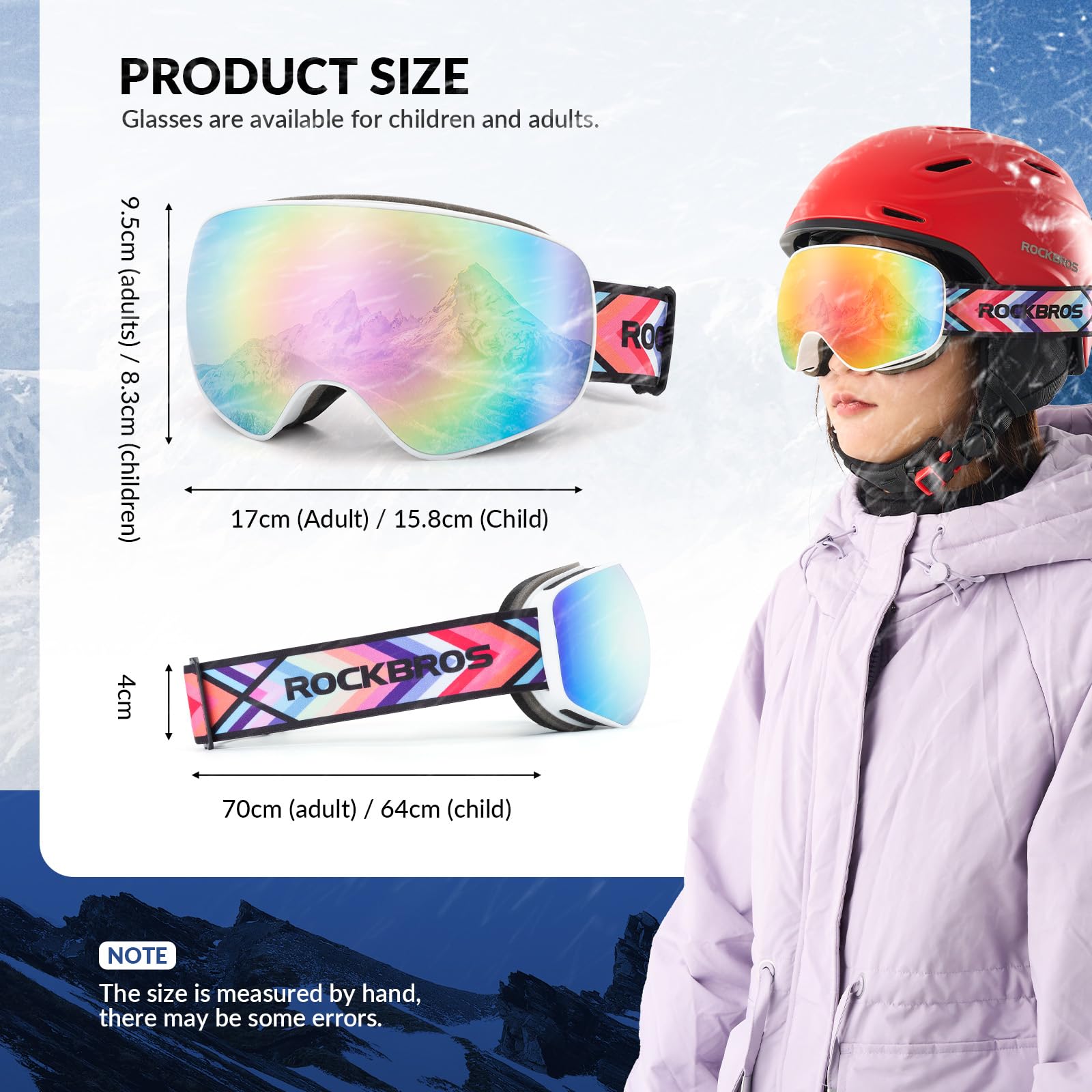 ROCKBROS Maschera da Sci Adulto e Bambini, Ski Goggles per Sci Snowboard, Occhiali per Sciare, Anti-UV, Antiappannamento Antivento, Lenti rivestite, Uomo Donna