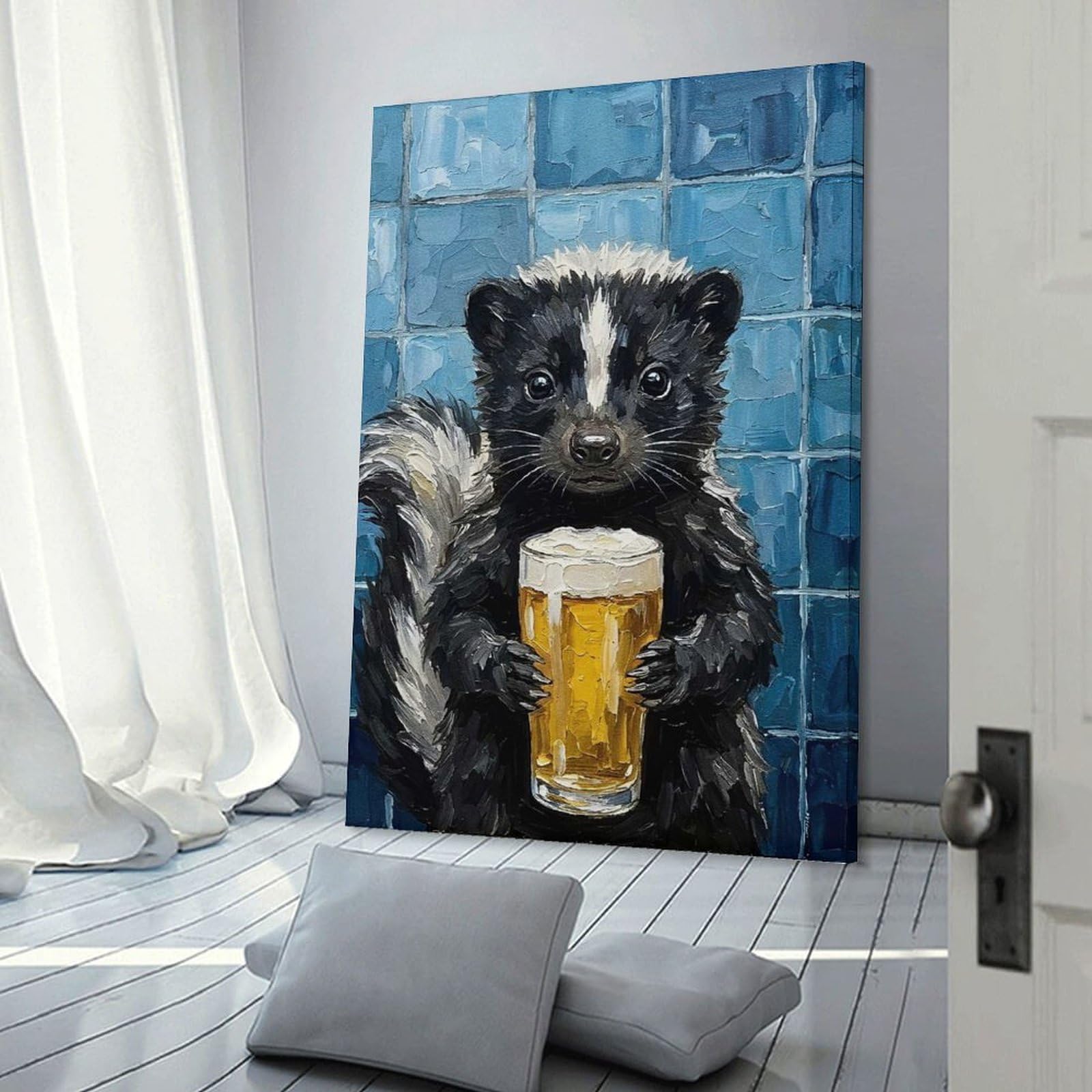 Junmoney Skunk with Beer Painting Home Decor Wall Art, 24x36inch(60x90cm), for Apartment Walls, Studios Or Work Areas, Decorative Canvas Decor for Home Updates