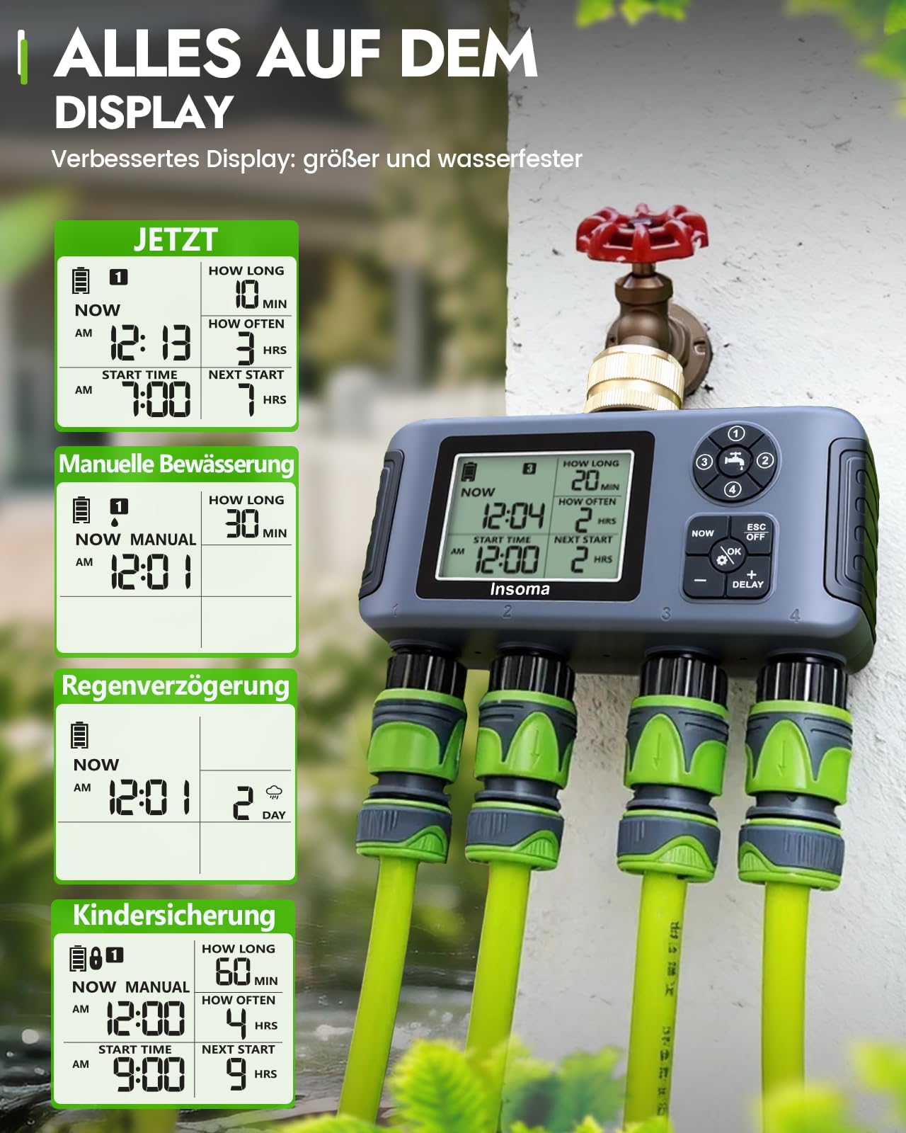 Insoma Timer dell'acqua a 4 zone con ingresso in ottone, timer automatico per tubo da giardino con ritardo manuale/pioggia e grande display, timer per rubinetto impermeabile IPX5 per sistema di