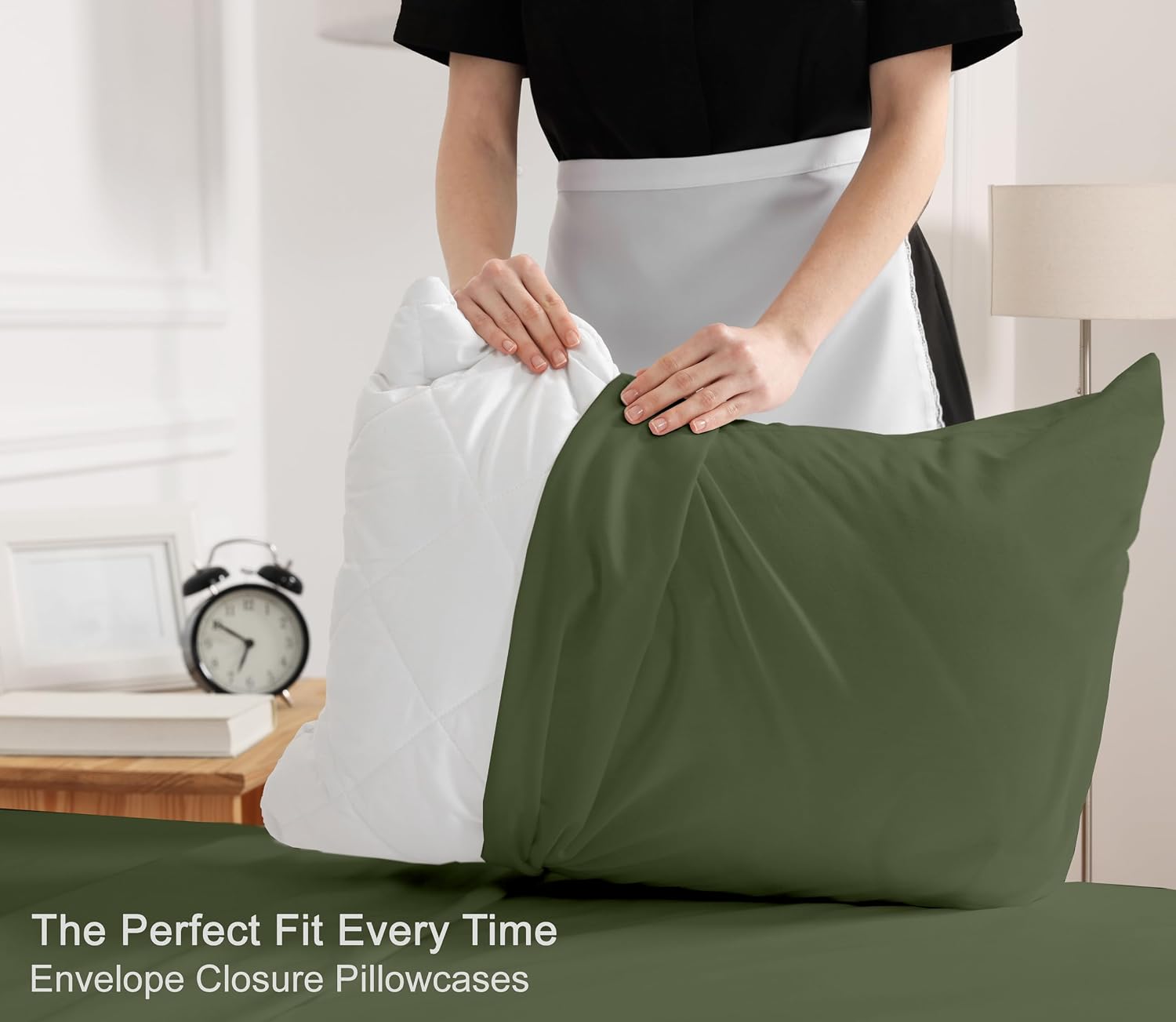 RUVANTI 100% Cotton Percale Sheets Queen Size, Chive | Crisp Cooling for Hot Sleepers, Deep Pocket 16", Soft Breathable & Durable, Hotel-Style 4 Piece Set