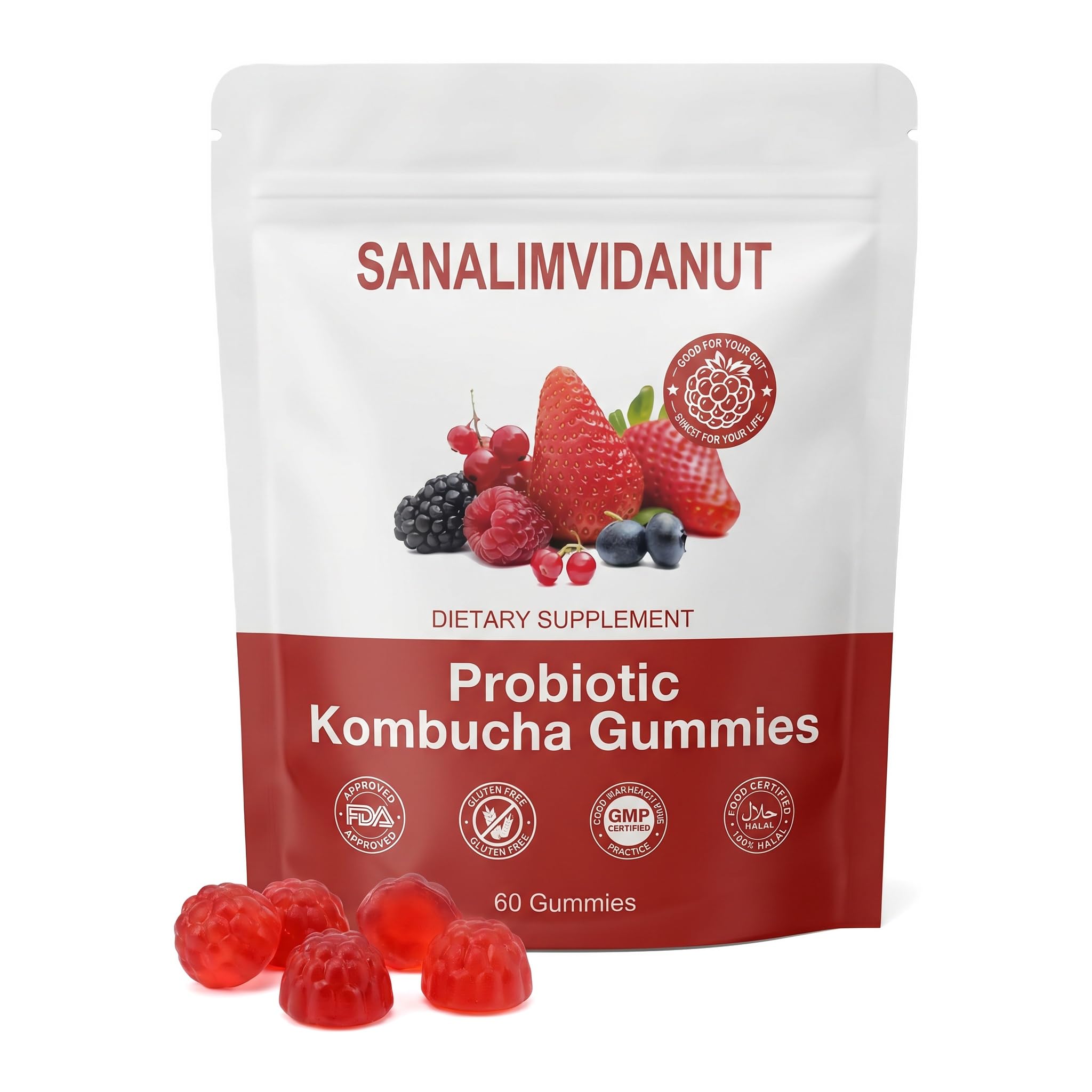 Probiotic Kombucha Gummy,Prebiotics, Probiotics, Postbiotics,Fiber Supplement for Women and Men,Gut Health,Bloating Comfort & Microbiome Support,Sugar Free,Non-GMO, 60 Gummies