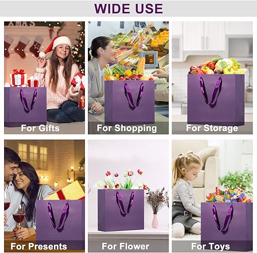 Miniatura 4 de Umoofine - Bolsa de regalo morada grande con asas de cinta, paquete de 12, 12.6 x 4.5 x 11 pulgadas, bolsa de regalo morada extragrande, bolsa de