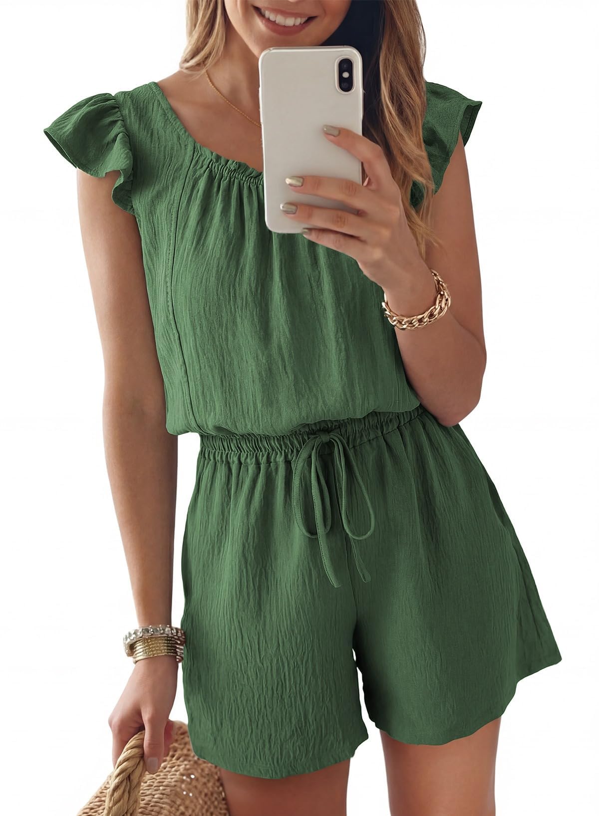 Combinaison Ete Femme Casual Combishort Femme Encolure Carrée et Manches Papillon Salopette Casual Jumpsuit avec Cordon de Serrage et Poches