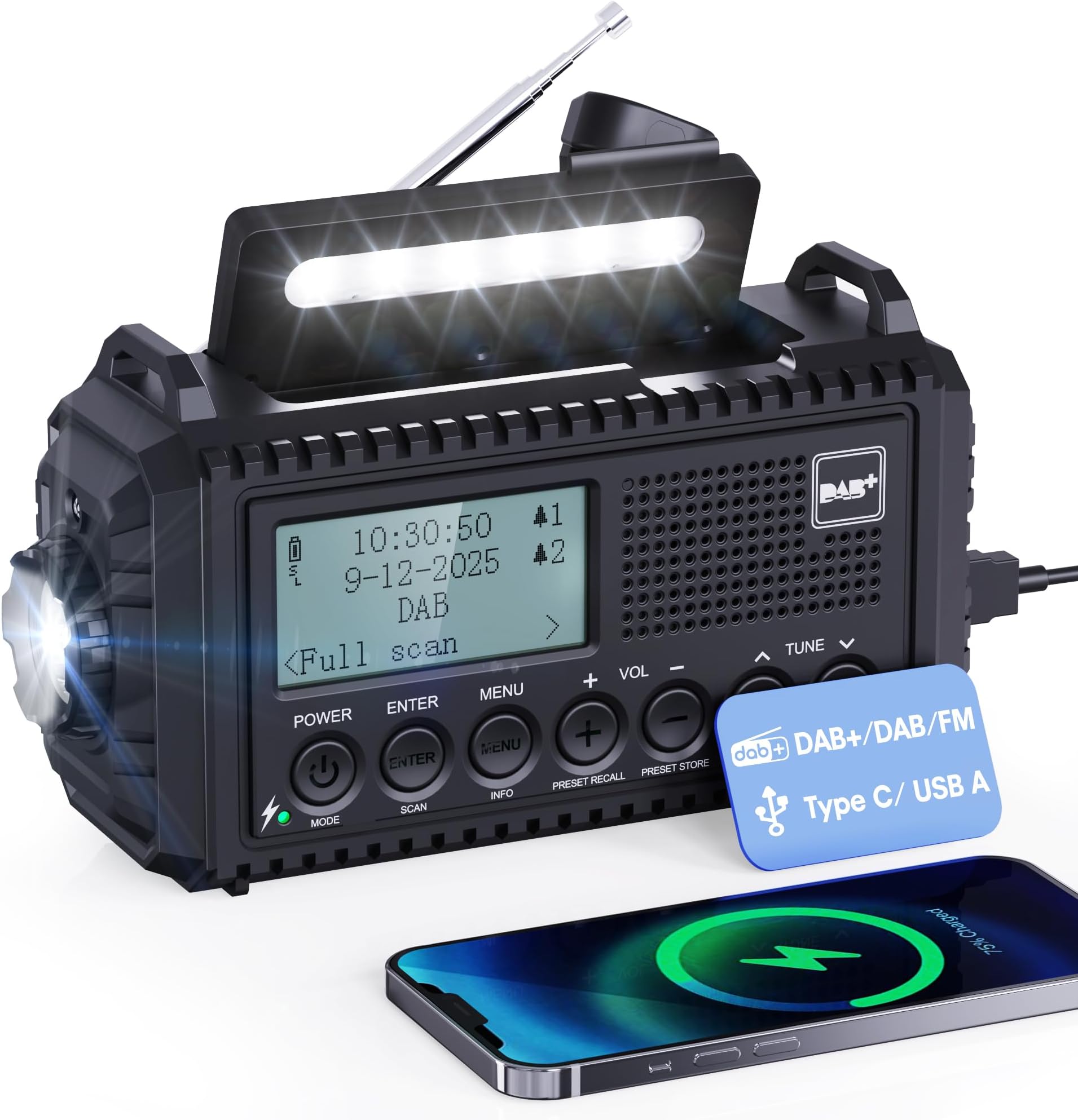Mesqool Dab Wind Up Radio, 5000 mAh Solar Powered Emergency Radio with SOS Alarm, Hand Crank Radio with USB Phone Charger, Portable Dab Radio with Flashlight, Headphone Jack and Dual Alarm for Camping