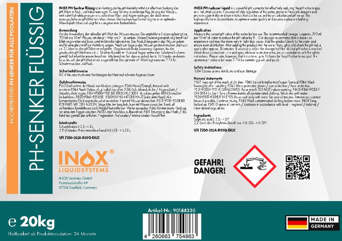 INOX pH Minus Flüssig 20 kg pH-Senker für Pool Whirlpool Wasserpflege Made in Germany