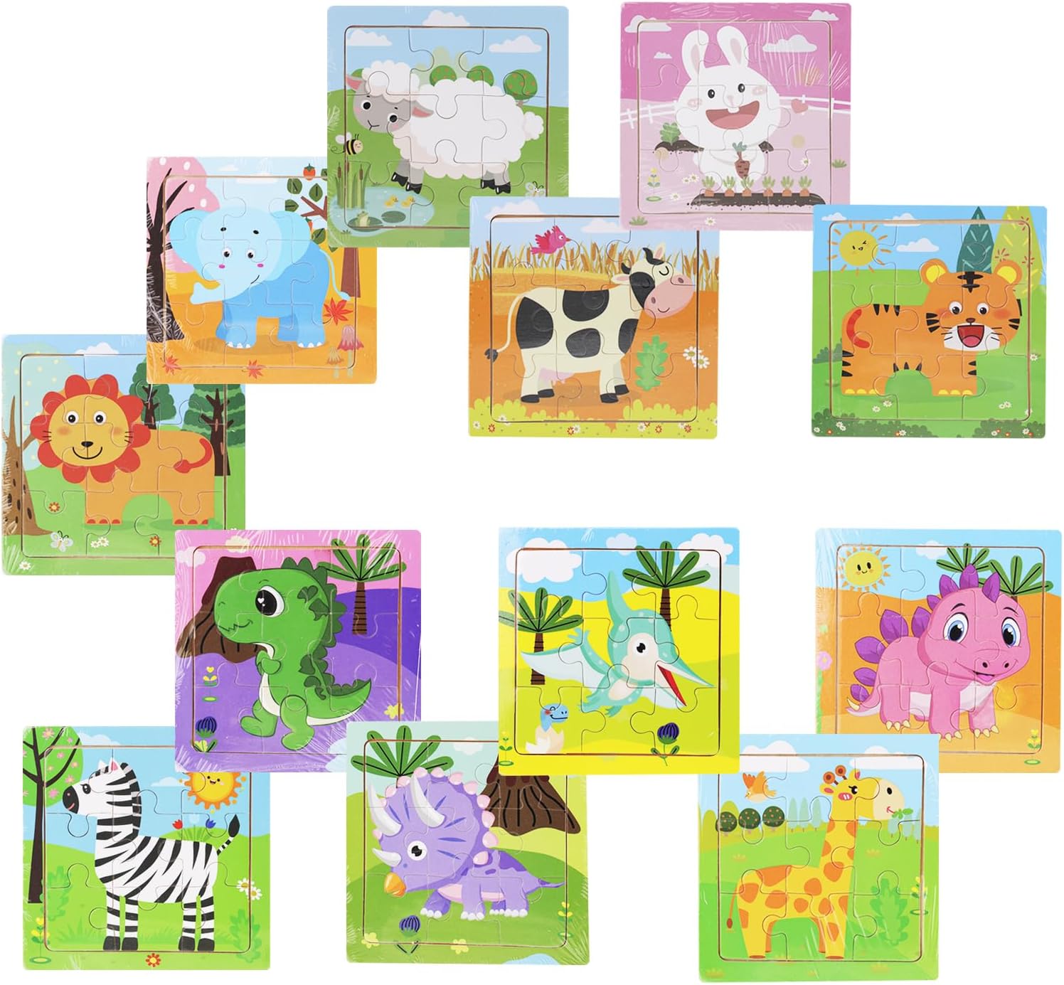 12 Pack Mini Wooden Animal Puzzles for Kids 3+ - 9-Piece Toddler Educational Travel Toys | Cute Farm & Wild Animal Party Favors | Preschool Learning Gift Set for Boys & Girls