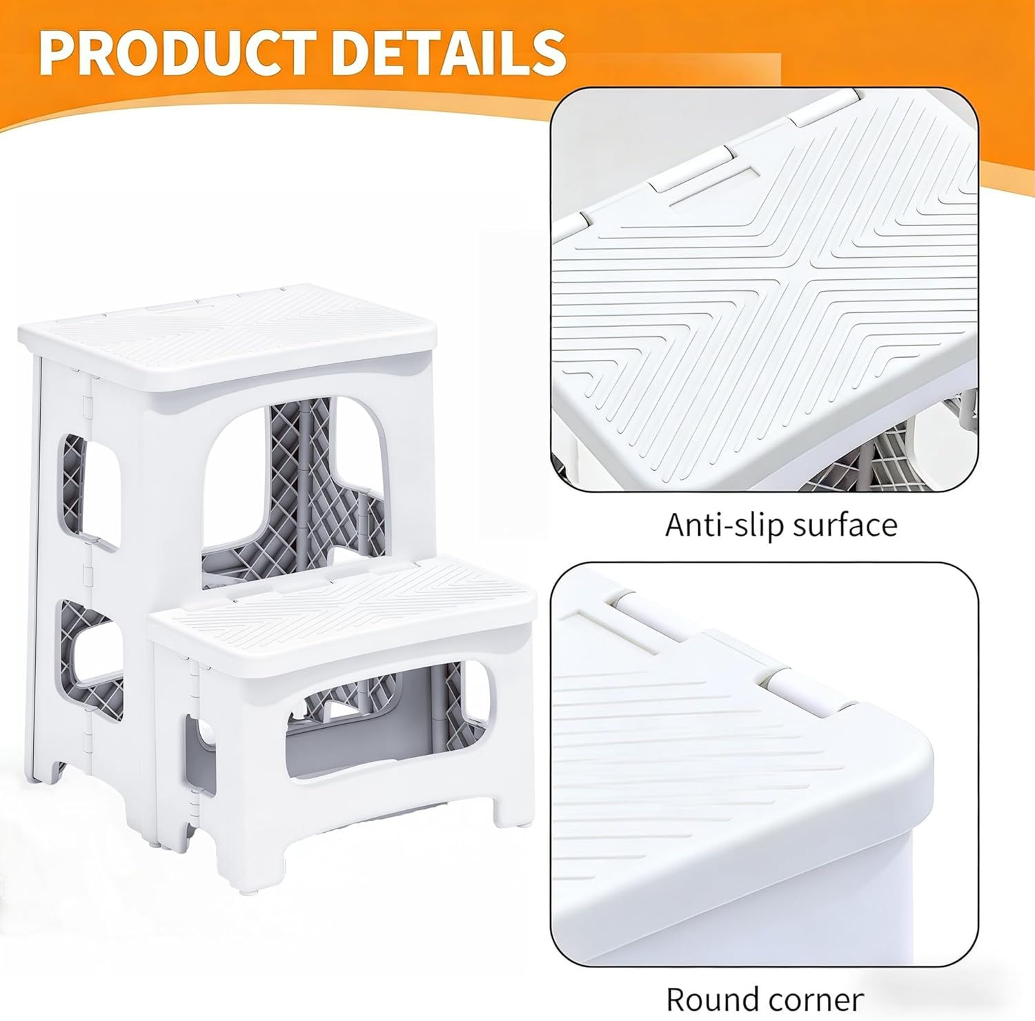 Folding Step Stool, 2 Step Stool Foldable, Non-Slip Steps, for Adults & Kids, Plastic Stool, Collapsible Stools 2 Step Ladder for Kitchen Toilet Bedroom Office RV, Holds 330 lbs (White)