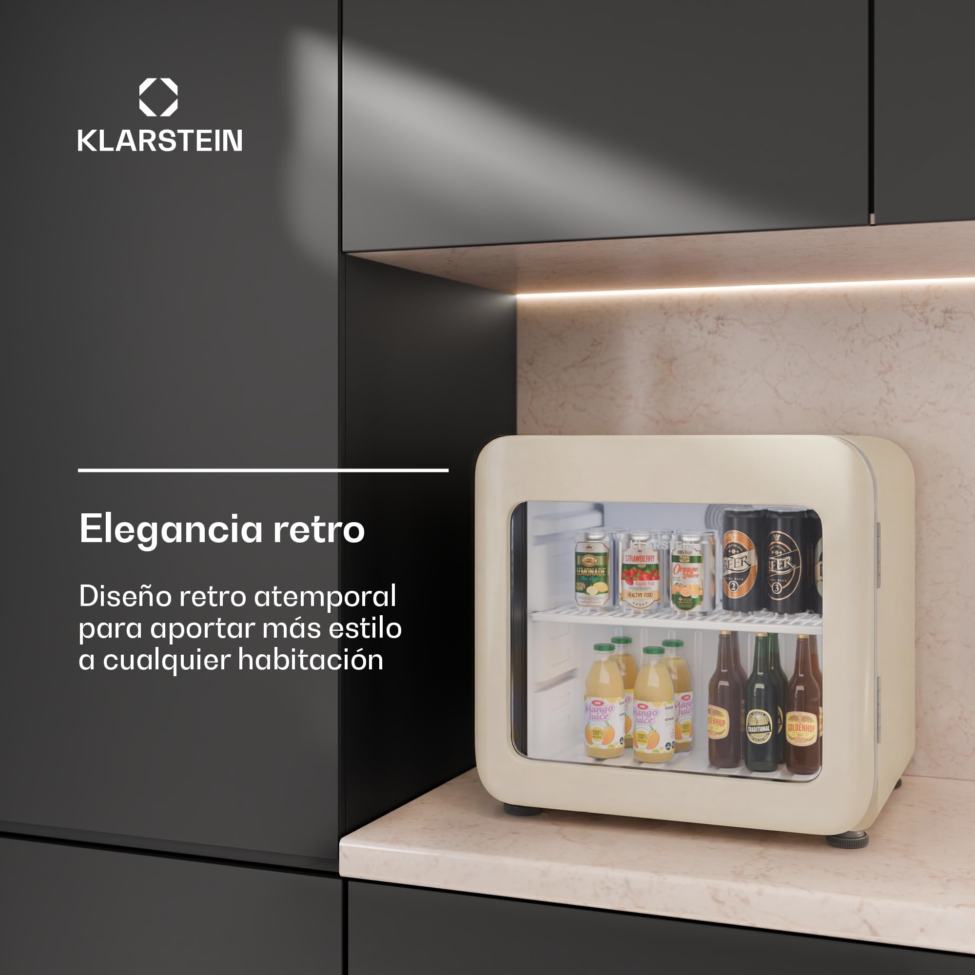 KLARSTEIN Nevera para bebidas Audrey Evo 45 L – Nevera para bebidas con puerta de cristal, luz LED, temperatura ajustable de 0 a 10 °C, funcionamiento silencioso