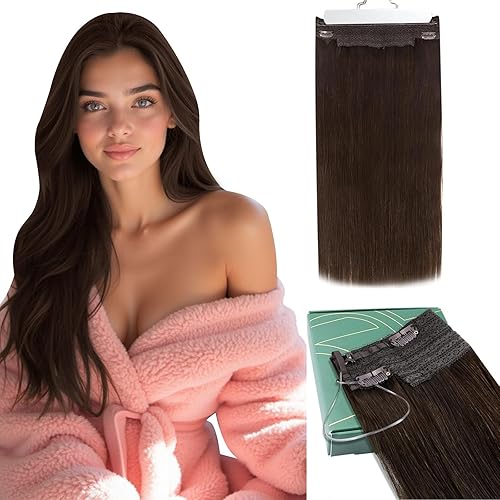 Ugeat Brown Wire Hair Extensions, 16 Inch 80g Wire Hair Extensions Real Human Hair, Natural Looking for Women Medium Length Invisible One Piece Clip ins Hair Extension