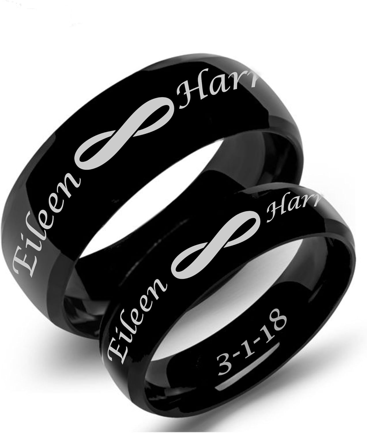 Personalized Black Titanium Ring Set Custom Engraved Free - Black Titanium Wedding Bands - His & Hers Couples Ring Set | Free Engraving In Any Language - Ships from USA