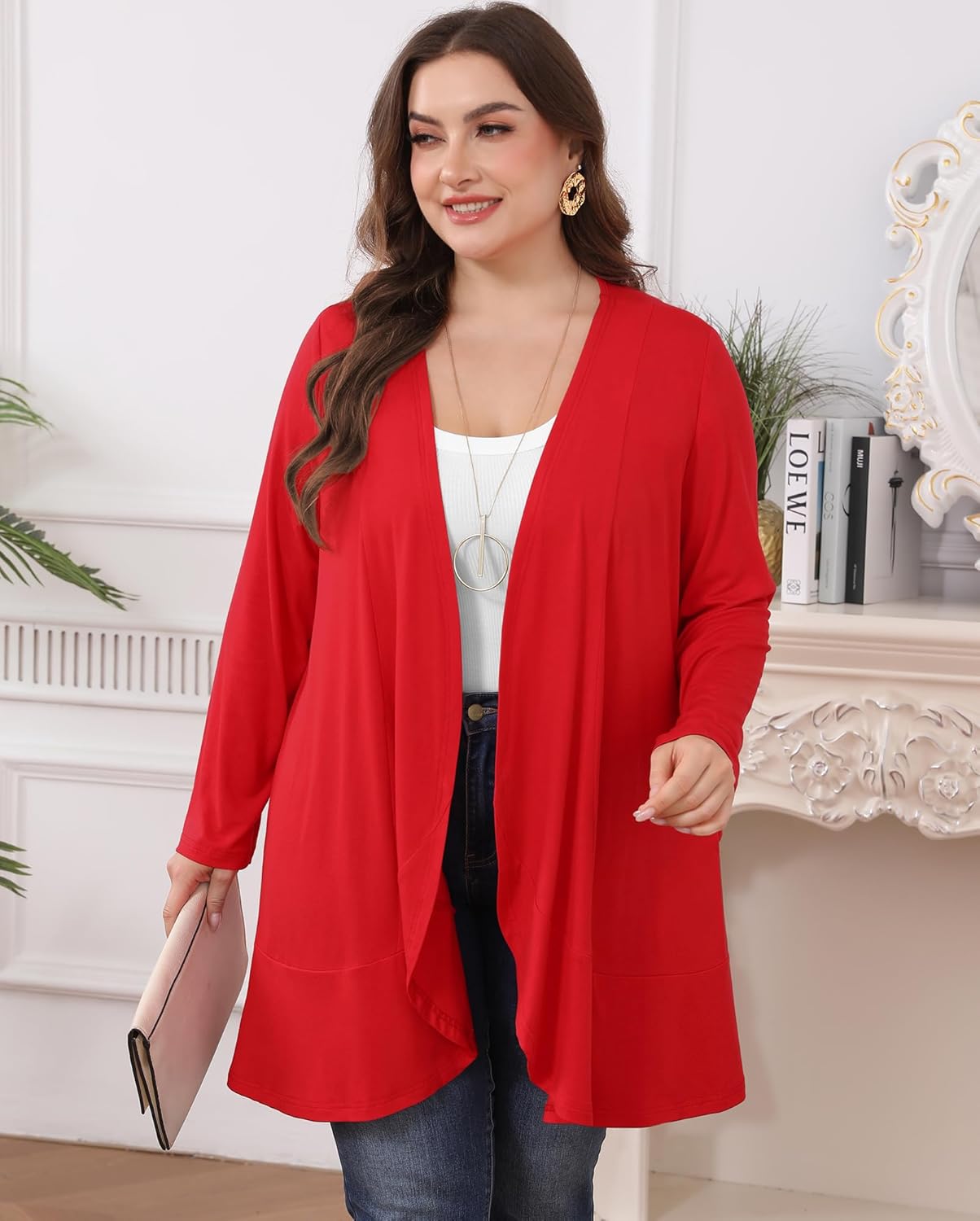 Womens Plus Size Casual Lightweight Long Sleeve Flowy Open Front Cardigan Cover Ups with Pockets - Image 3