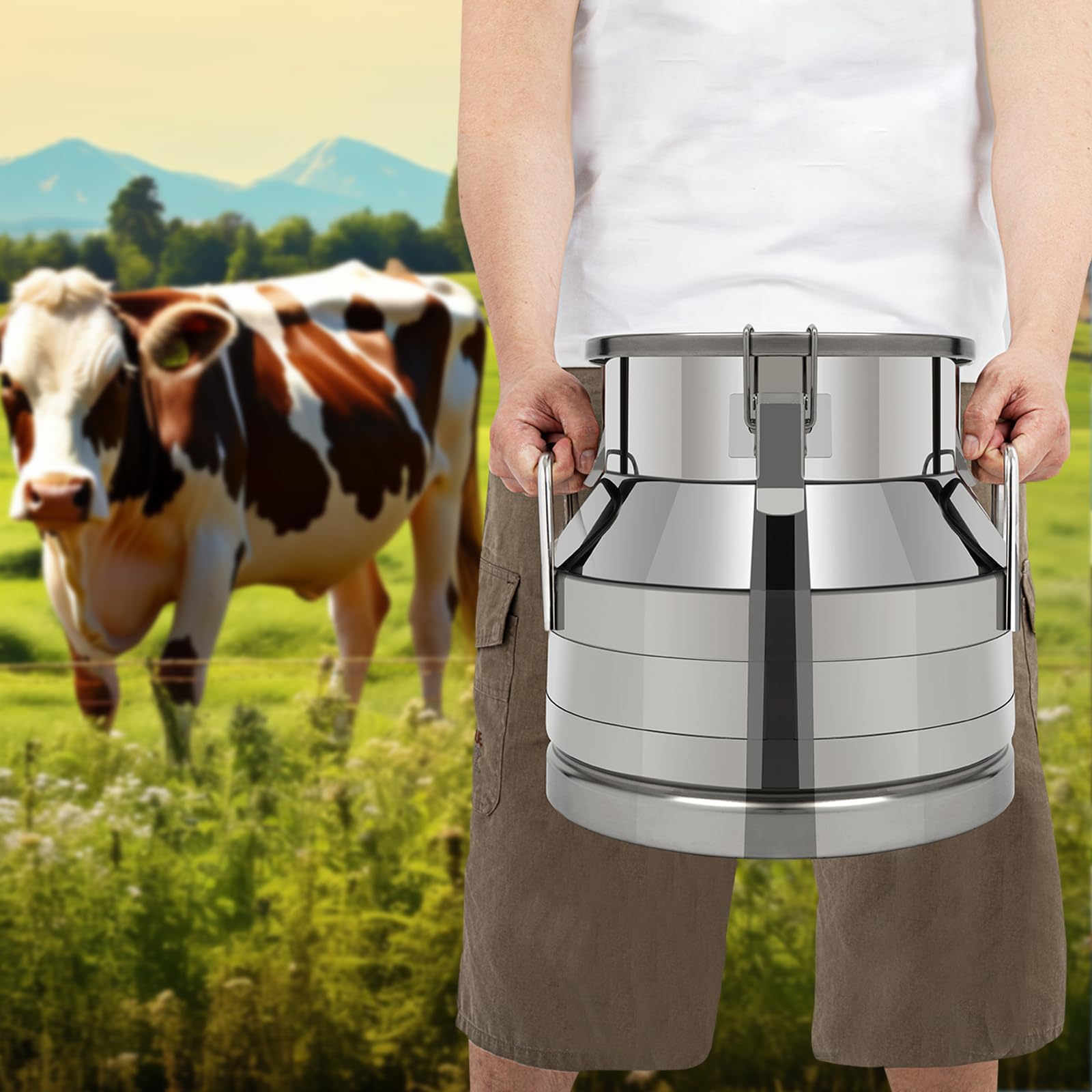 Milk Can dzbanek na mleko 12 l z pokrywką z klamrami zapobiega wyciekaniu płatków, stal nierdzewna, dzbanek do pompowania, praktyczny uchwyt do noszenia do łatwego transportu, gładki, zaokrąglony