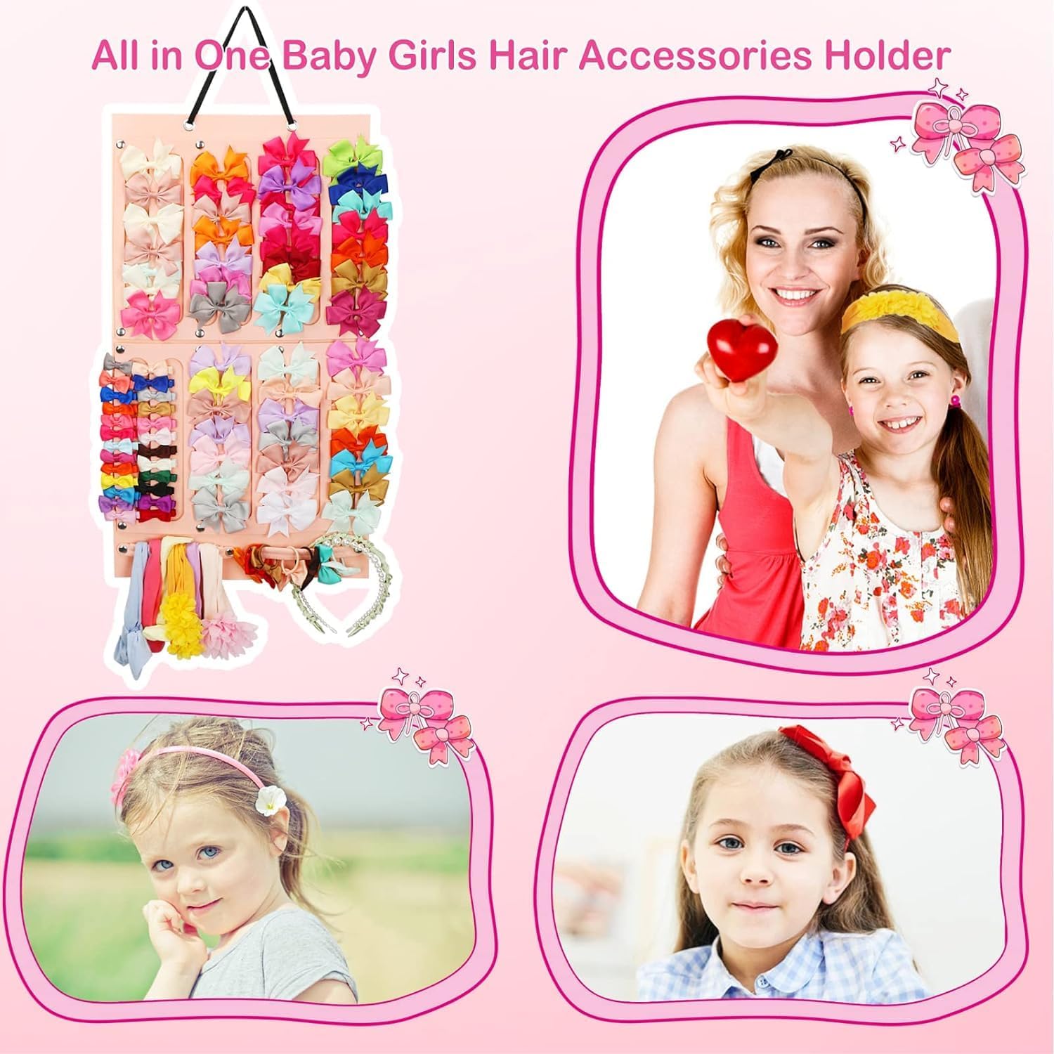 CESITRA Bows hairband Holder 16 Ribbons Row Organizer Bow Hanger for Girls Baby Hair Accessory Storage Display Wall Hanging for Girl Room Baby Nursery Decors 3
