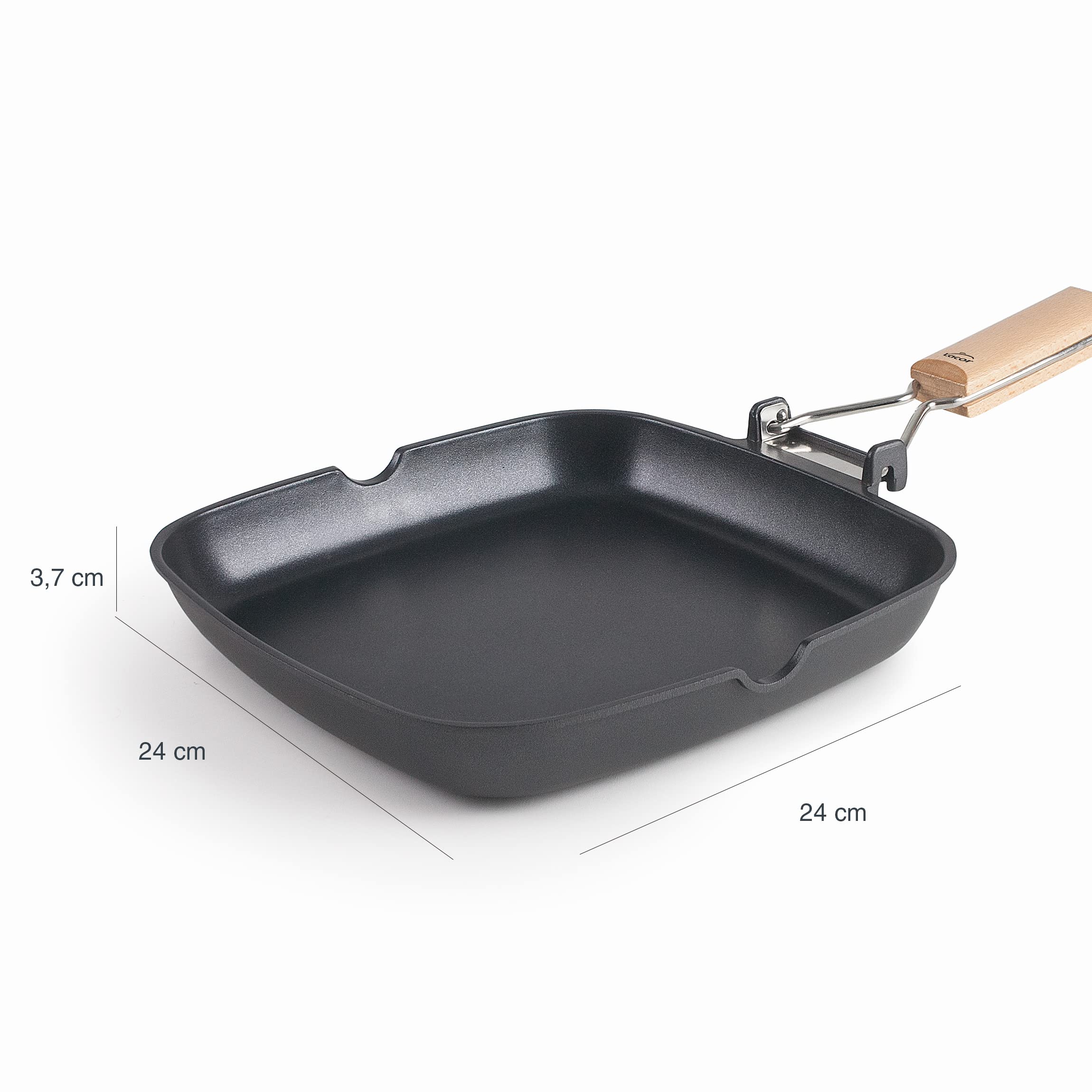 LACOR - 25154 - Padella liscia SUA grill in alluminio pressofuso, Doppio strato antiaderente, maniglia pieghevole in legno di rovere, fondo a induzione completa, 24 x 24 x 3,7 cm, nero